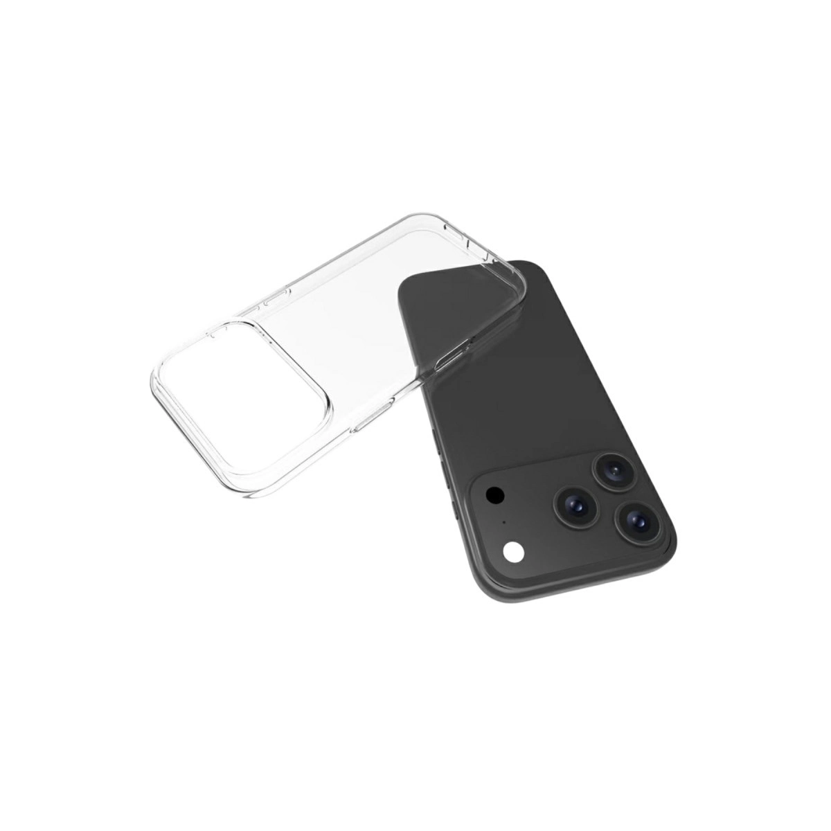 Üç kameralı koyu renkli bir akıllı telefon ve şeffaf koruyucu kılıf.