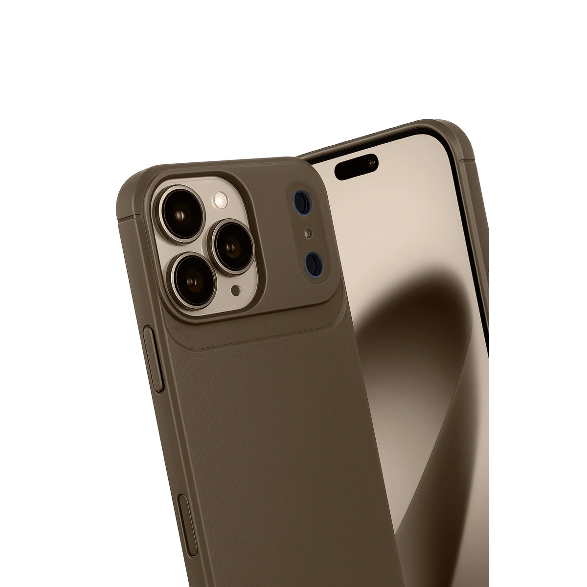 Kahverengi telefon kılıfı, üç kameralı açık kahverengi bir akıllı telefonu kaplar.
