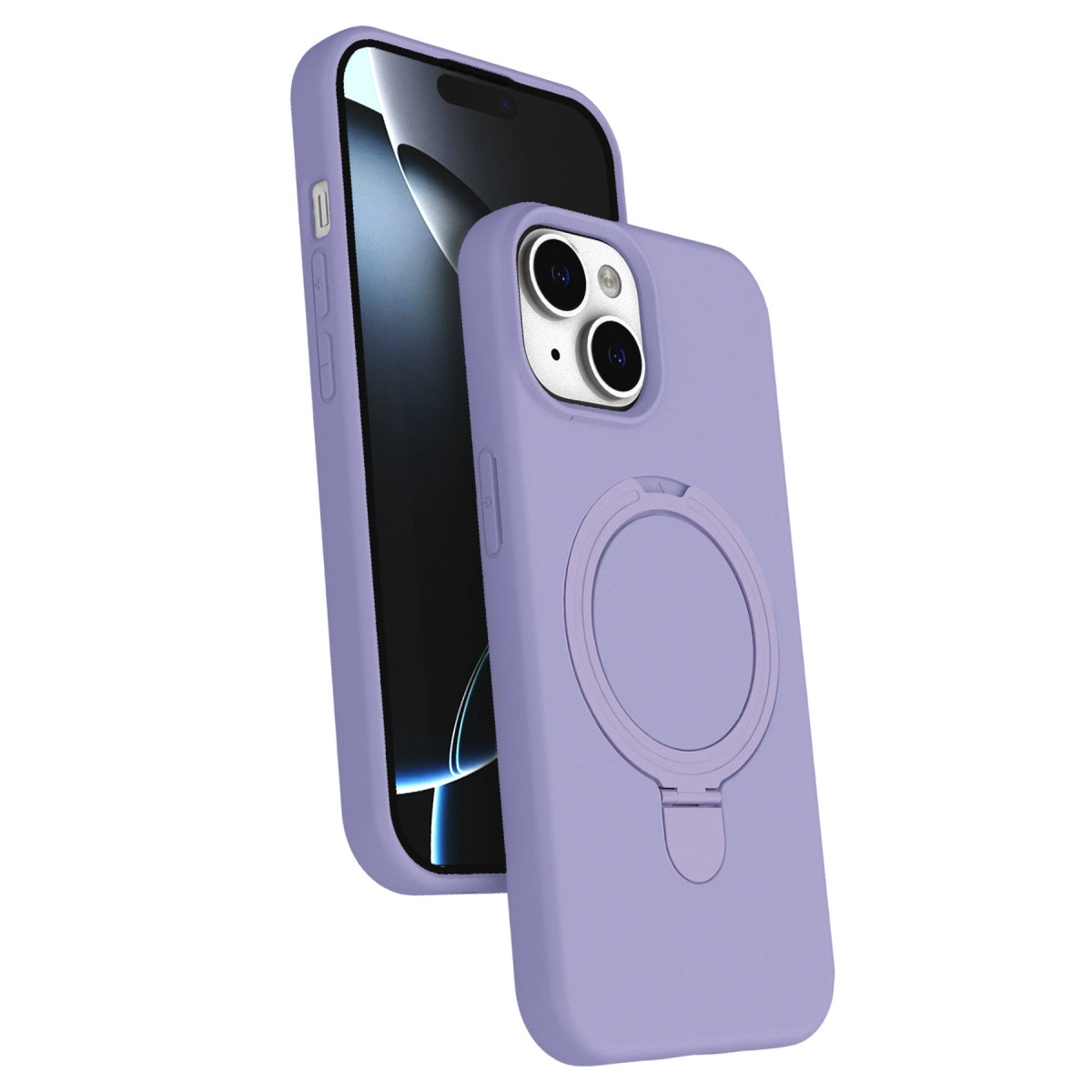 Önde halka tutuculu uyumlu kılıfıyla mor bir iPhone.