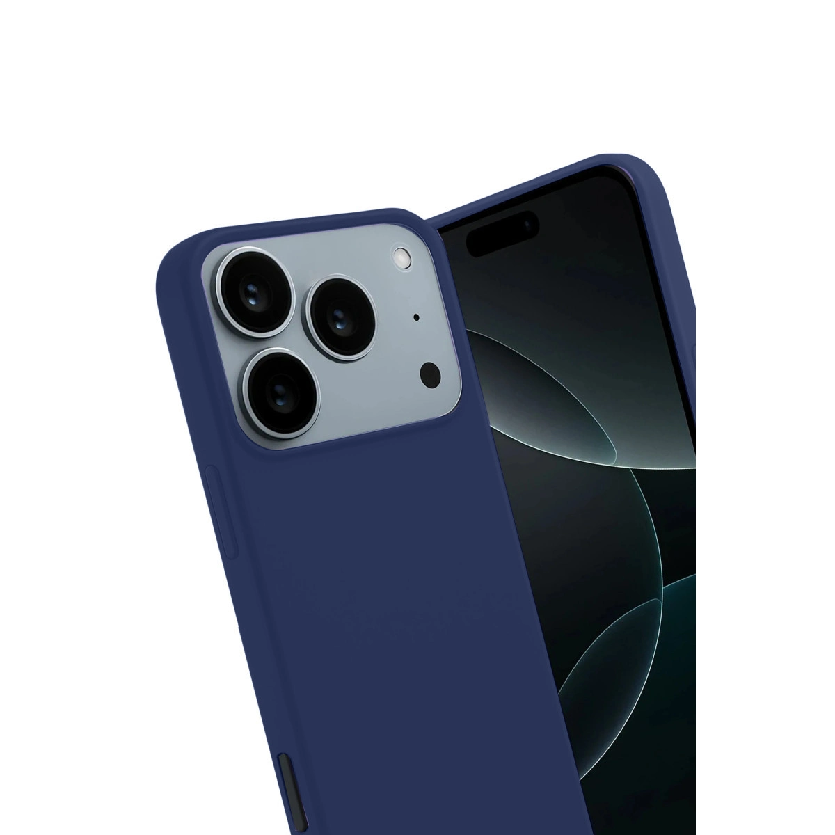 Mavi telefon kılıfı, üç kameralı bir akıllı telefonun arkasını kaplar.