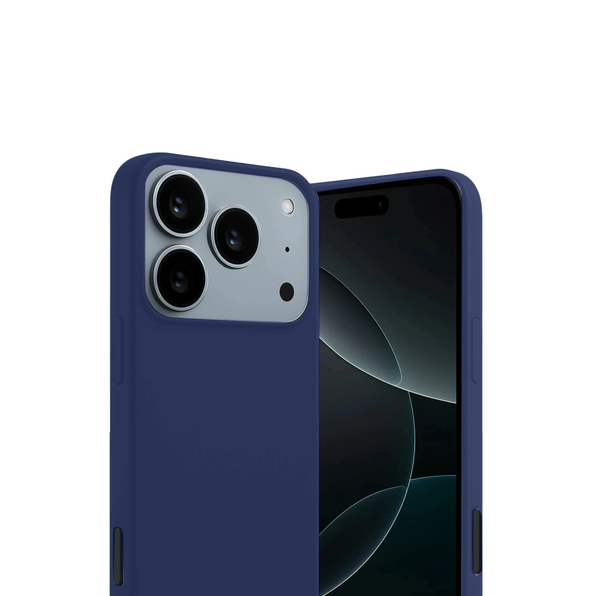 Üç kameralı lacivert telefon kılıfı, beyaz arka plan üzerinde.