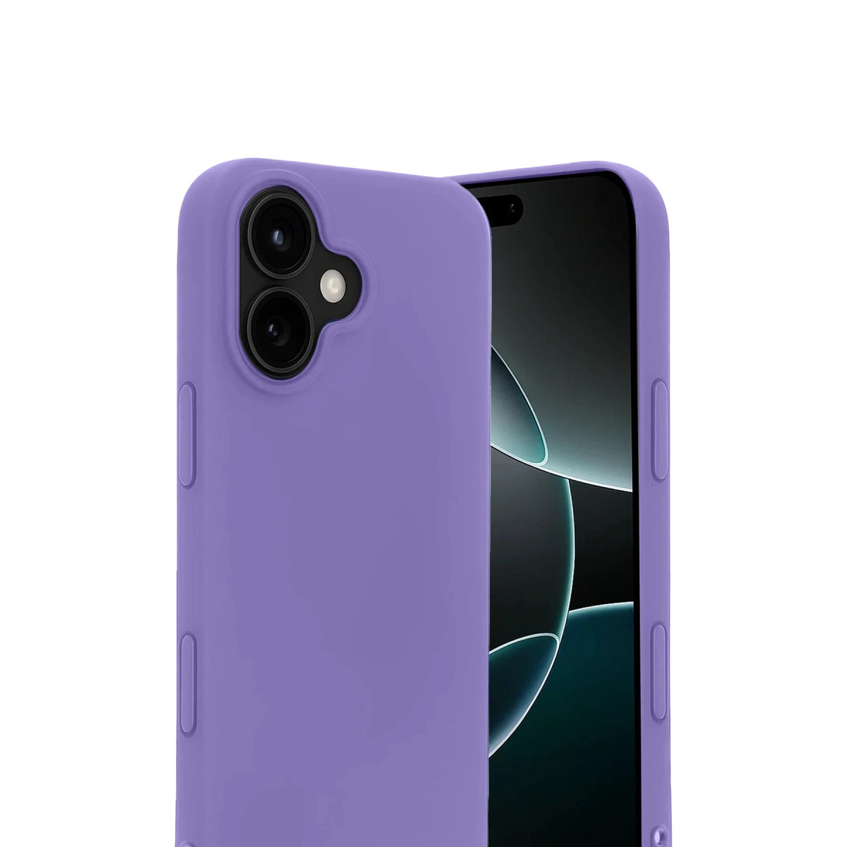 Arkada iki kamera lensi ve flaşı olan mor telefon kılıfı.
