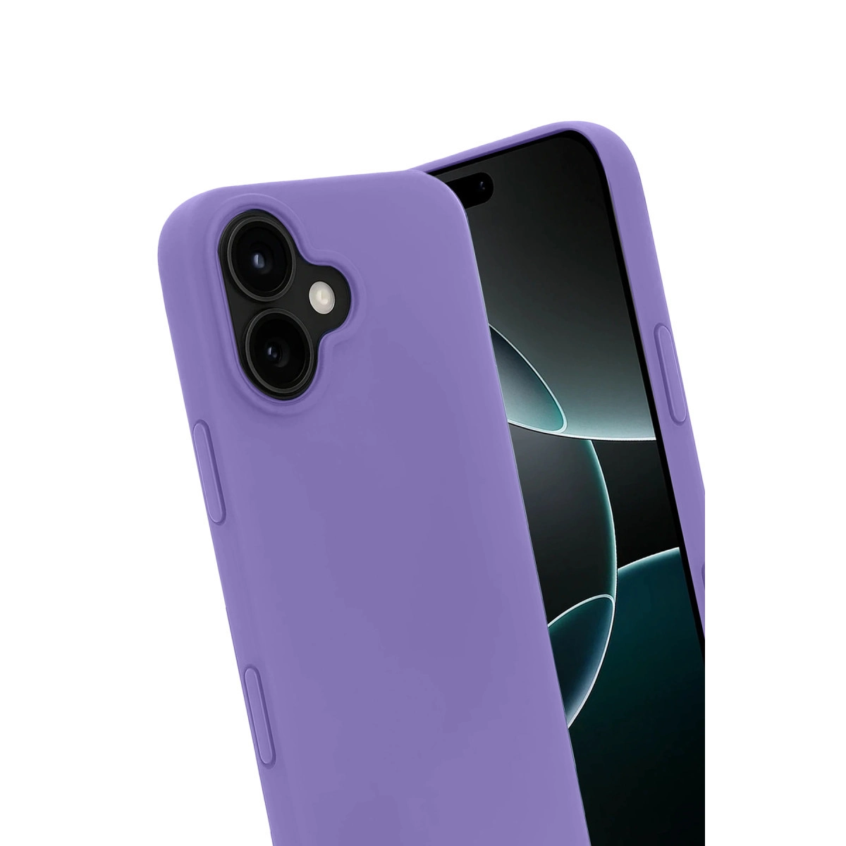 Beyaz arka plan üzerinde iki kameralı mor iPhone kılıfı.