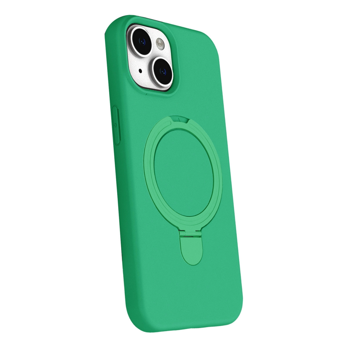 Halka tutuculu ve çift kameralı yeşil telefon kılıfı.