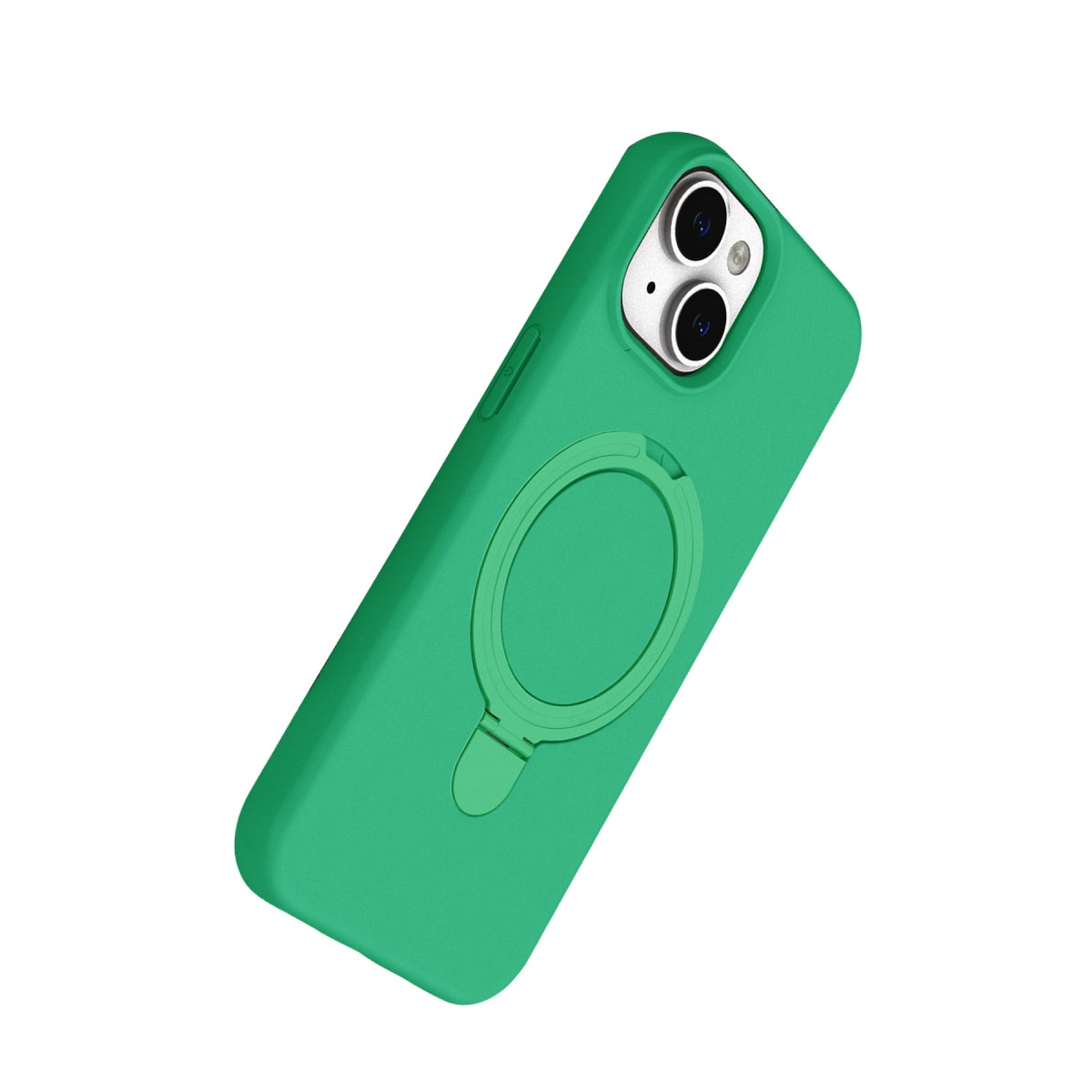 Halka tutuculu ve kamera lensli yeşil telefon kılıfı.