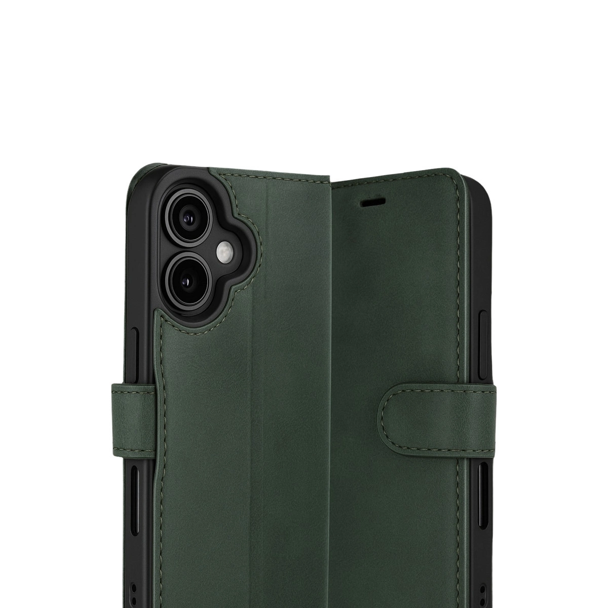 Koyu yeşil telefon kılıfı, kamera kesimi ve kayışlı kapama.