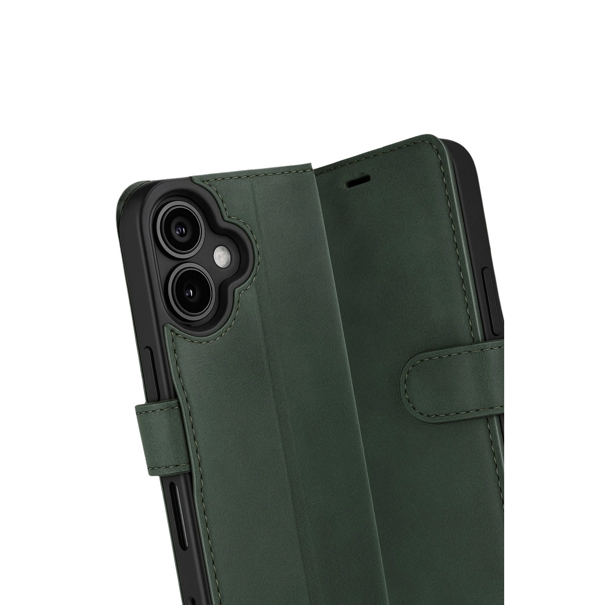 İki kameralı ve kapaklı koyu yeşil telefon kılıfı.