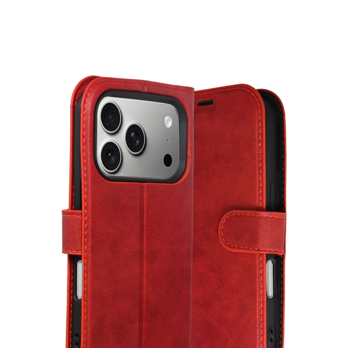 Kamera kesimli ve manyetik kapamalı kırmızı deri telefon kılıfı.