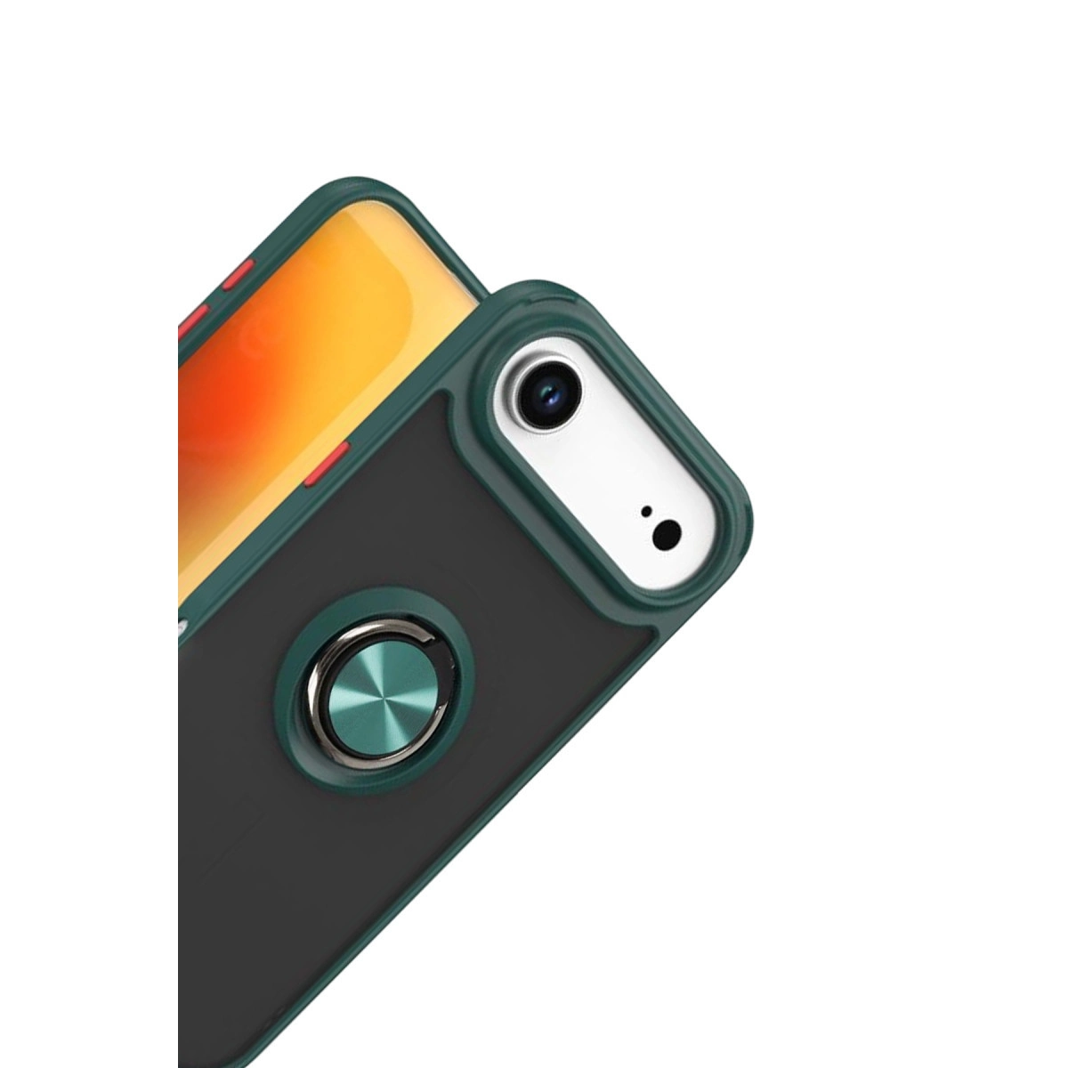 Siyah ek parçalı ve halka tutuculu koyu yeşil telefon kılıfı.