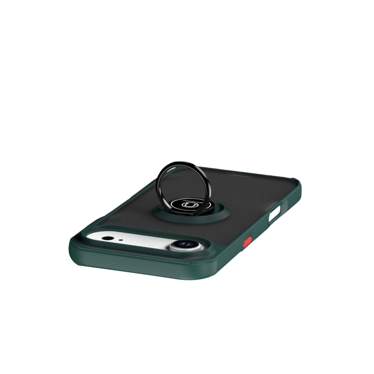 Halka tutuculu ve kamera lensli koyu yeşil telefon.