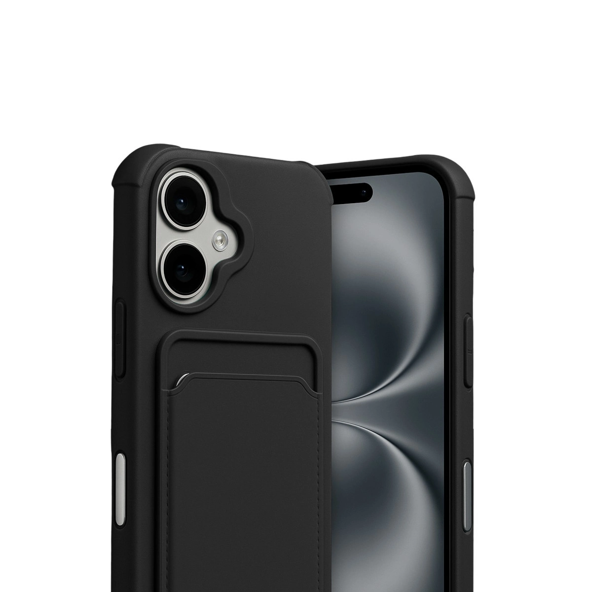 Kart tutuculu ve kamera yuvalı siyah telefon kılıfı, akıllı telefonun yanında.
