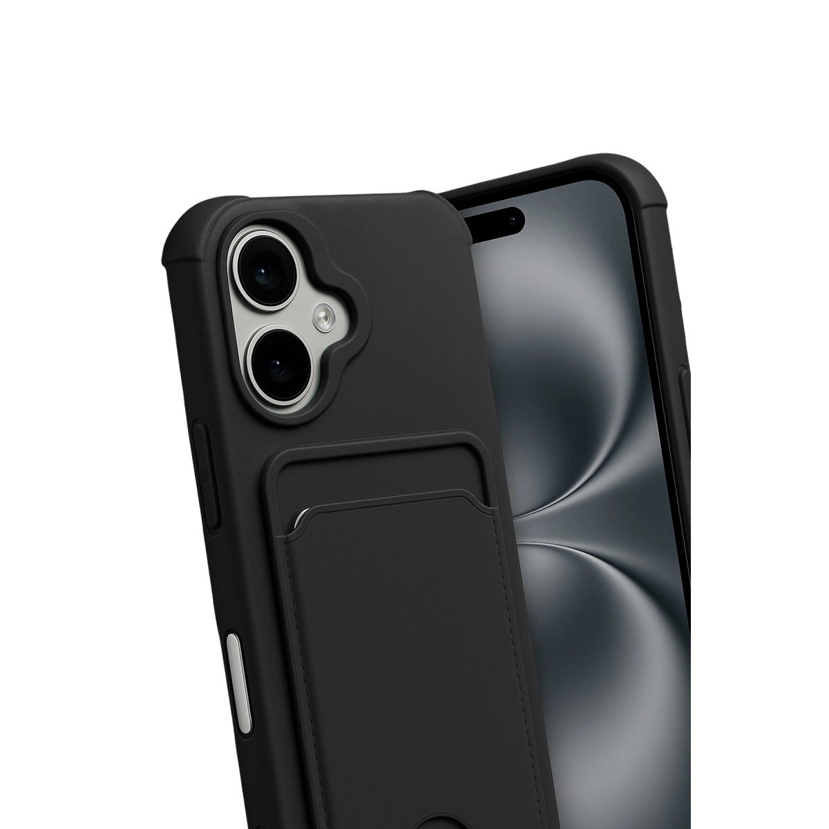 Kart bölmeli ve kamera modüllü siyah telefon kılıfı beyaz arka planda.