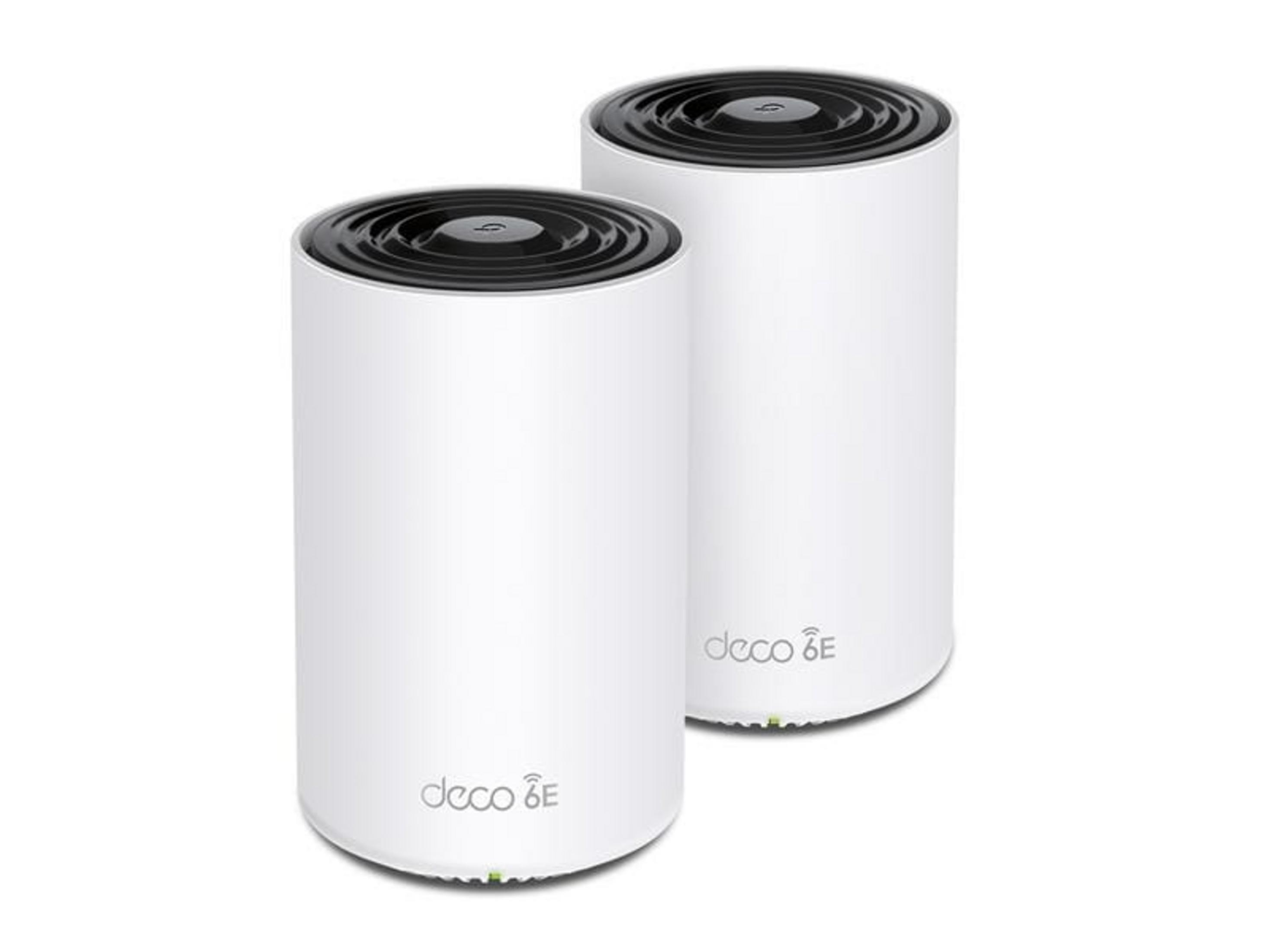 Twee witte cilindrische Deco 6E-apparaten met zwarte bovenkanten.
