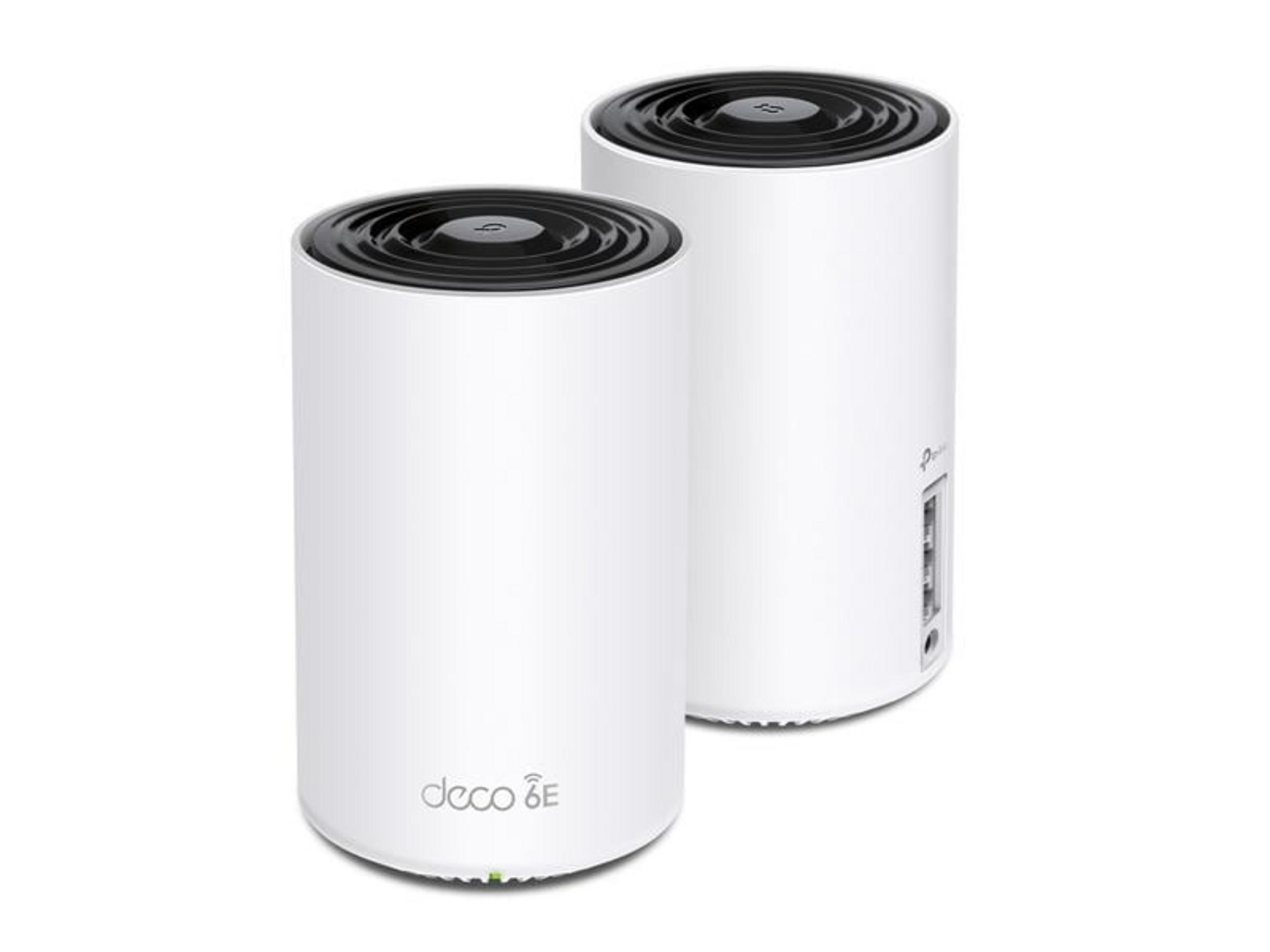 Twee witte cilindrische mesh wifi-apparaten met zwarte roosters.
