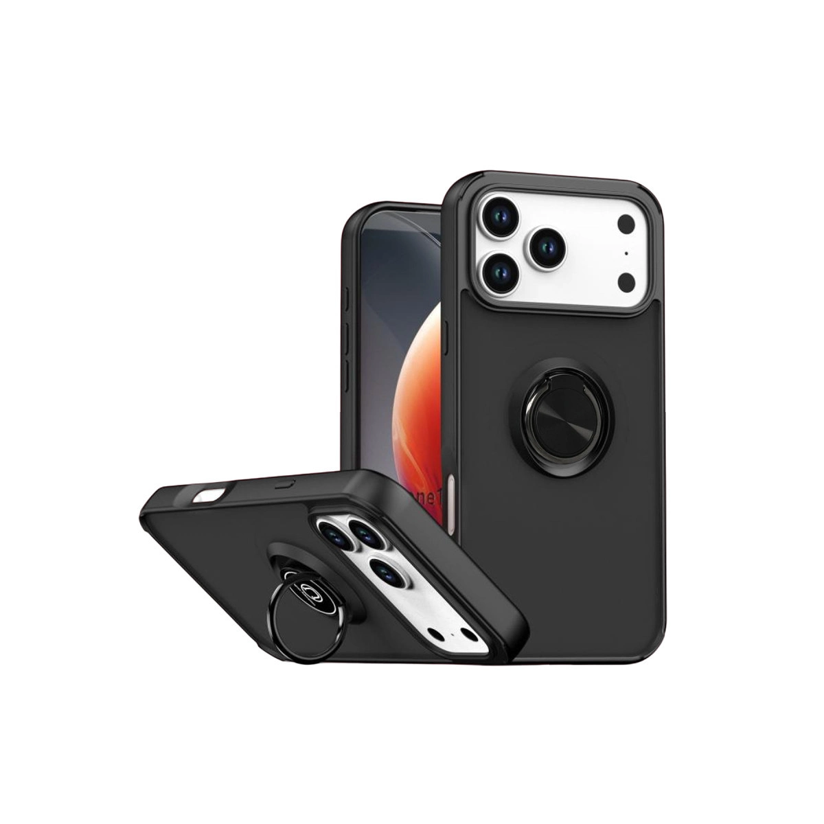 Beyaz arka plan üzerinde halka tutuculu iki siyah telefon kılıfı.