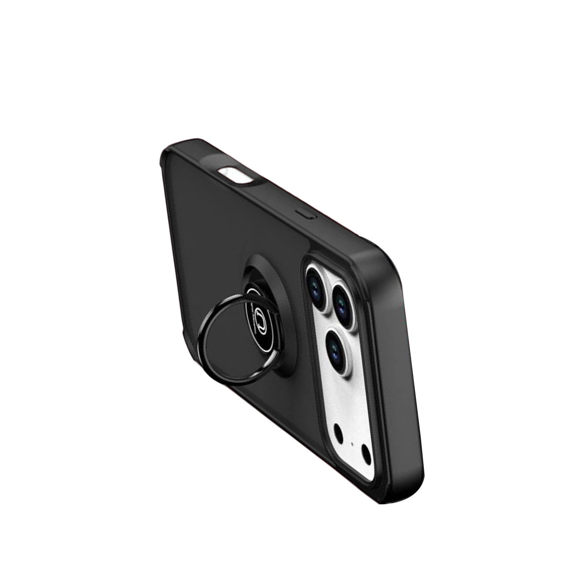 Halka tutuculu ve üç kamera lensli siyah telefon kılıfı.