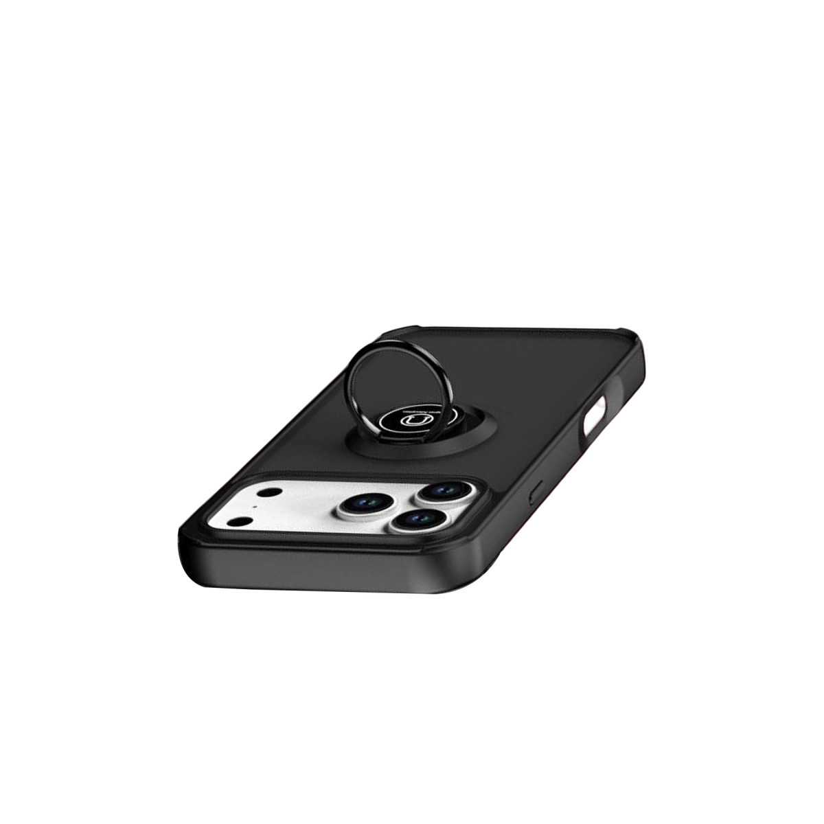 Beyaz arka plan üzerinde halka tutuculu siyah telefon kılıfı.