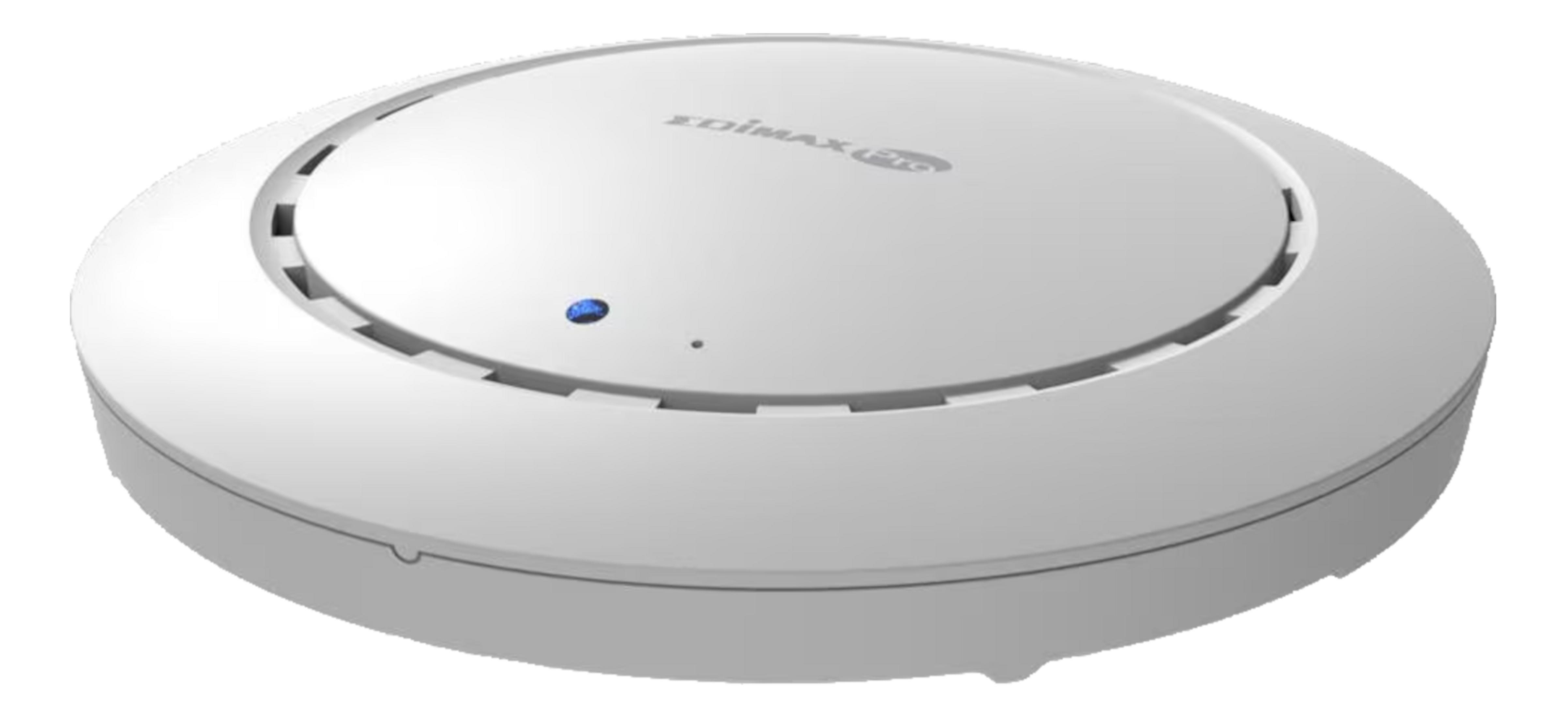 Biały, okrągły punkt dostępowy Wi-Fi z otworami wentylacyjnymi i niebieskim światłem LED.