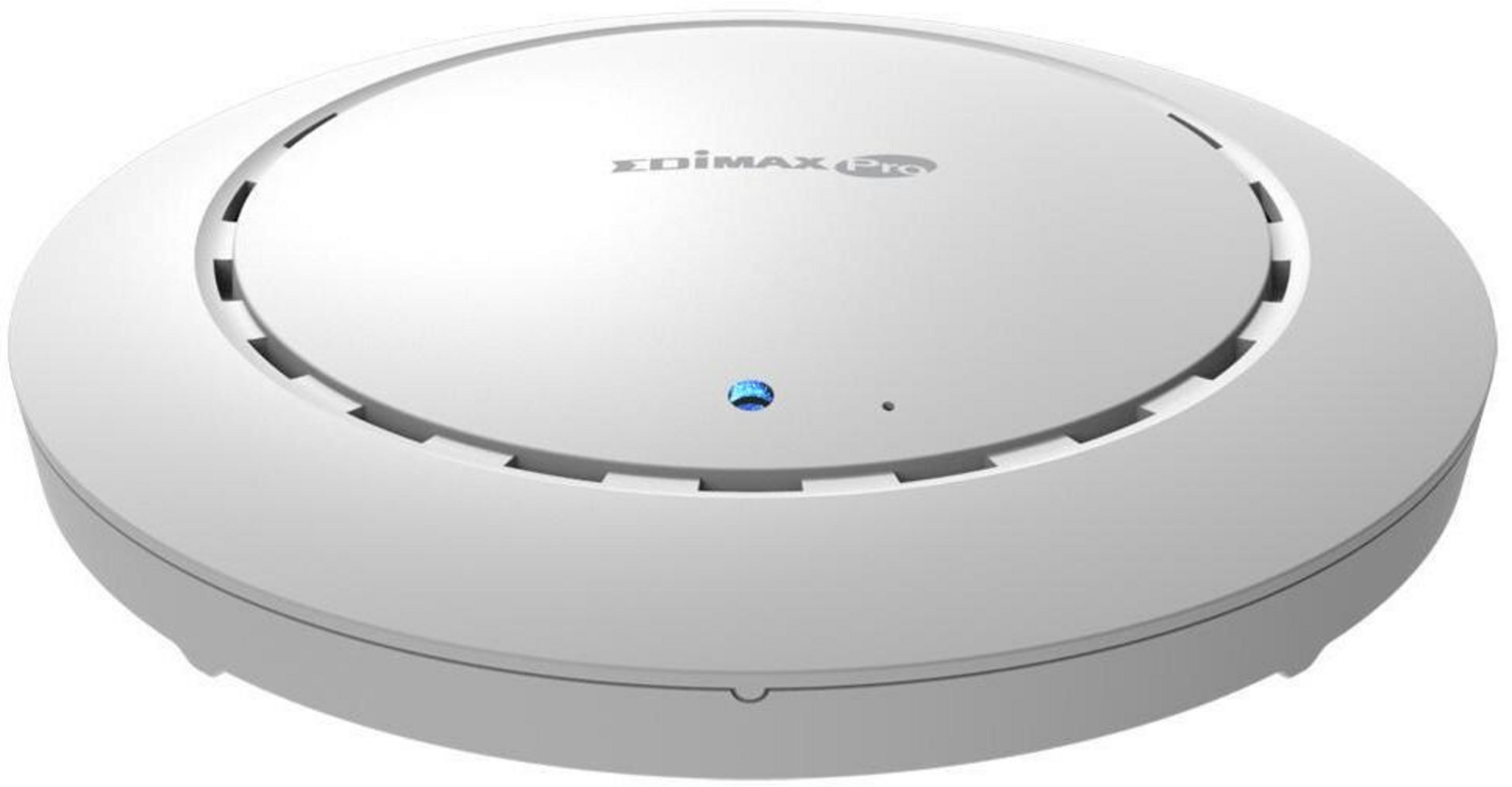 Biały punkt dostępowy Wi-Fi Edimax Pro z otworami wentylacyjnymi i niebieską diodą.