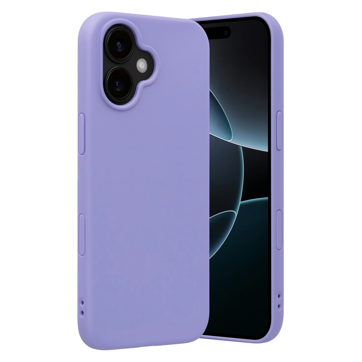 Kamera modüllü ve karanlık ekranlı lavanta rengi telefon kılıfı.