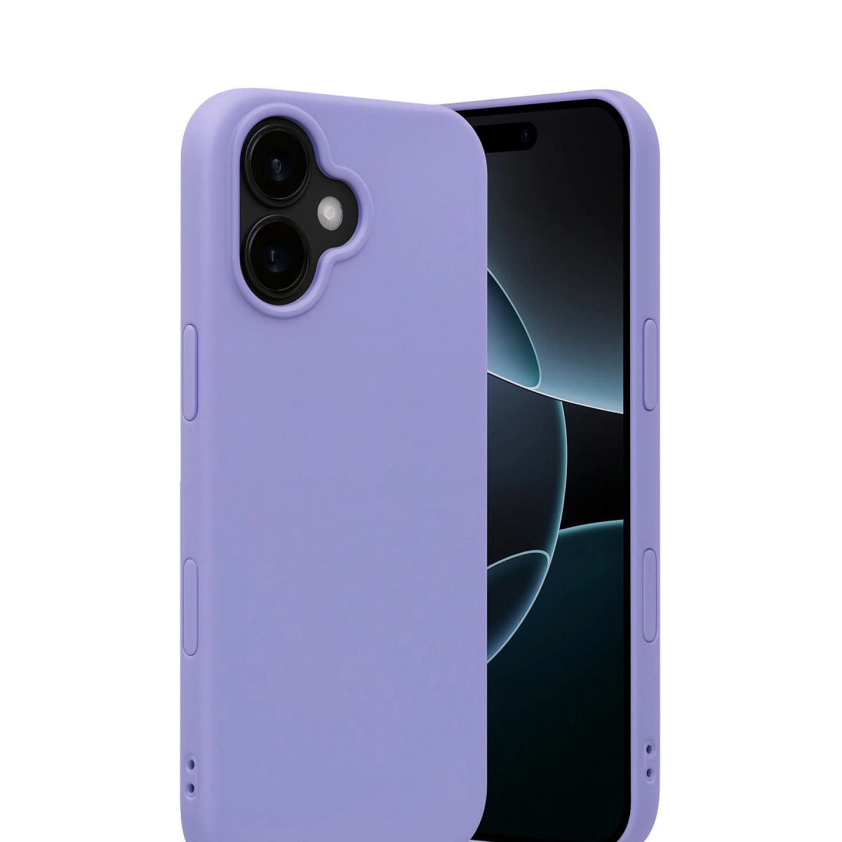 İki kameralı mor telefon kılıfı. Telefon karanlık bir ekran gösteriyor.