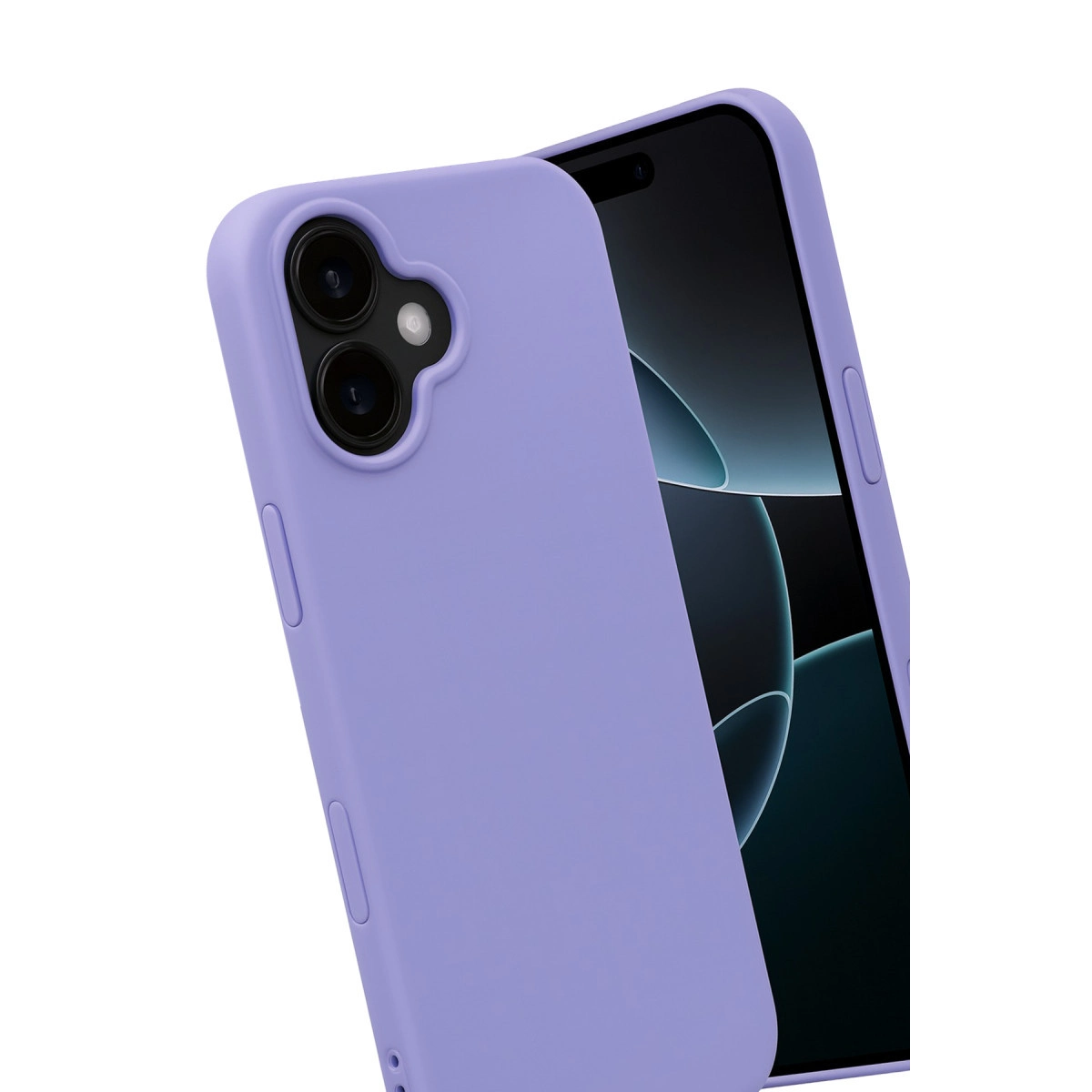 Mor bir iPhone kılıfı, siyah ekranlı bir iPhone'un yanında duruyor.