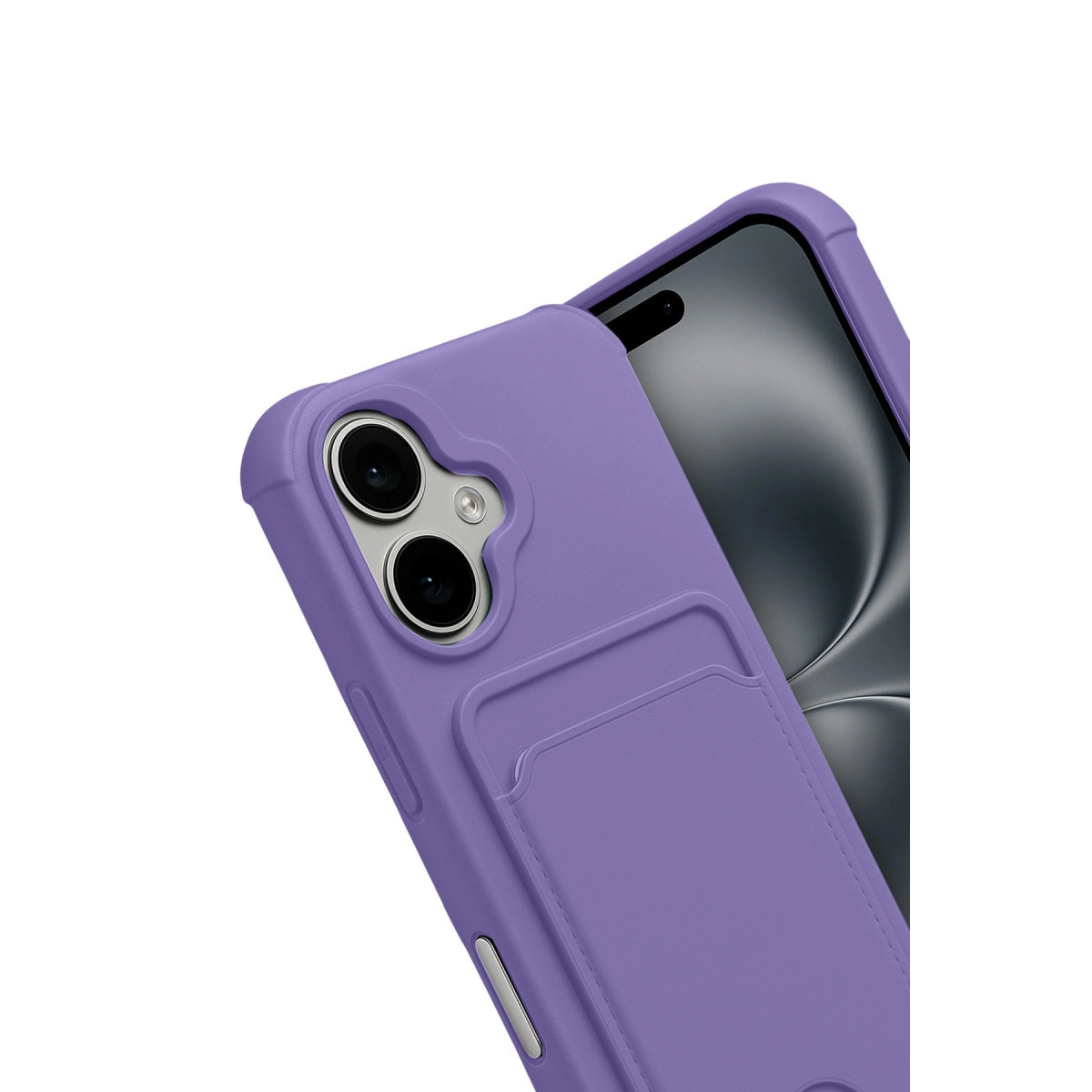 Kart yuvalı ve kamera kesimli mor telefon kılıfı, beyaz arka plan.
