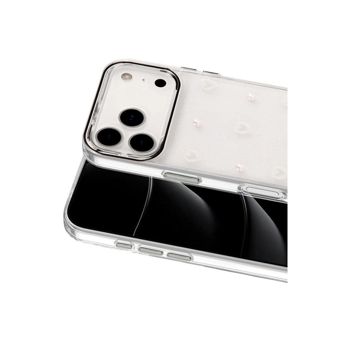 Siyah telefon üzerinde inci desenli ve kamera kesimli şeffaf telefon kılıfı.