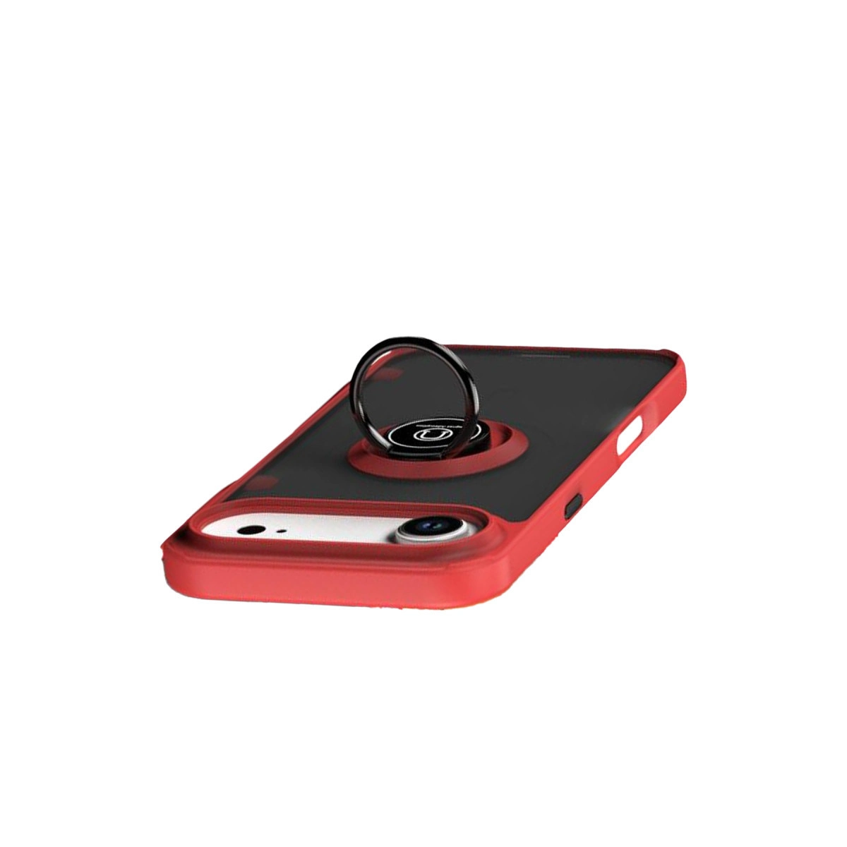 Siyah arkalı ve halka tutuculu kırmızı telefon kılıfı.
