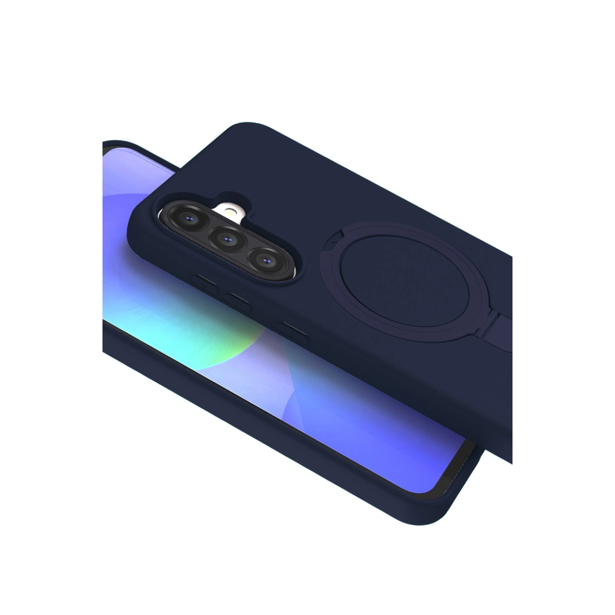 Halka tutuculu ve üç kameralı lacivert telefon kılıfı. Ekranın bir kısmını gösterir.