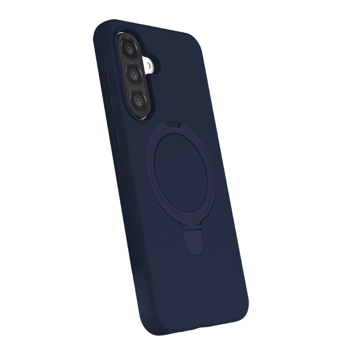 Halka tutuculu ve üçlü kamera kesimli lacivert telefon kılıfı.
