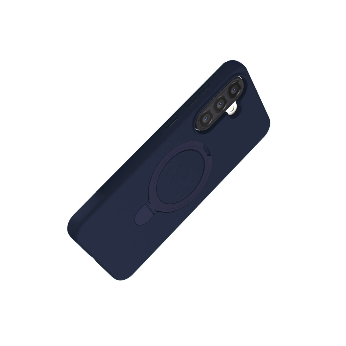 Halka tutuculu ve üç lensli lacivert telefon kılıfı.