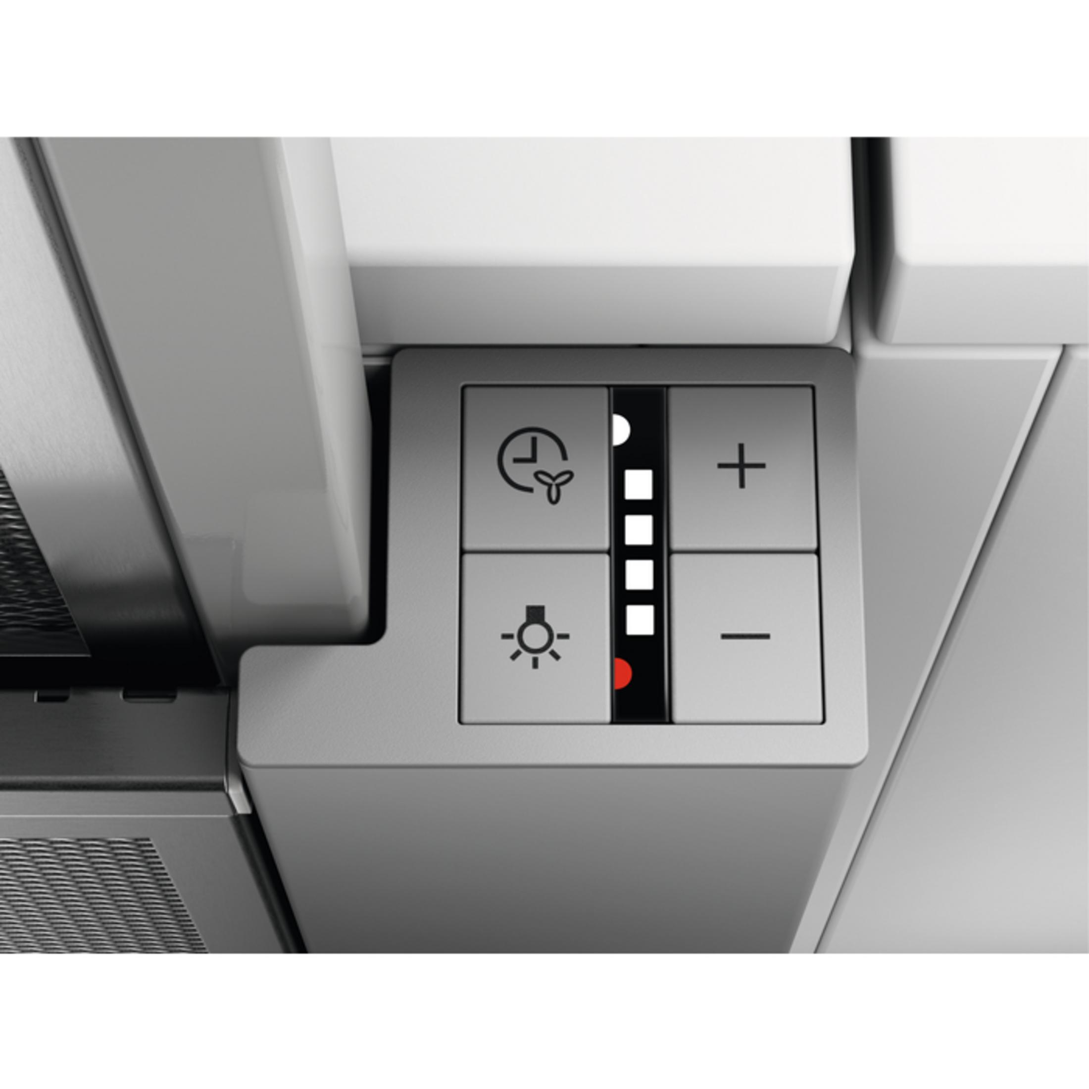 Primo piano di un pannello di controllo con icone di ventola e luce, pulsanti più e meno.