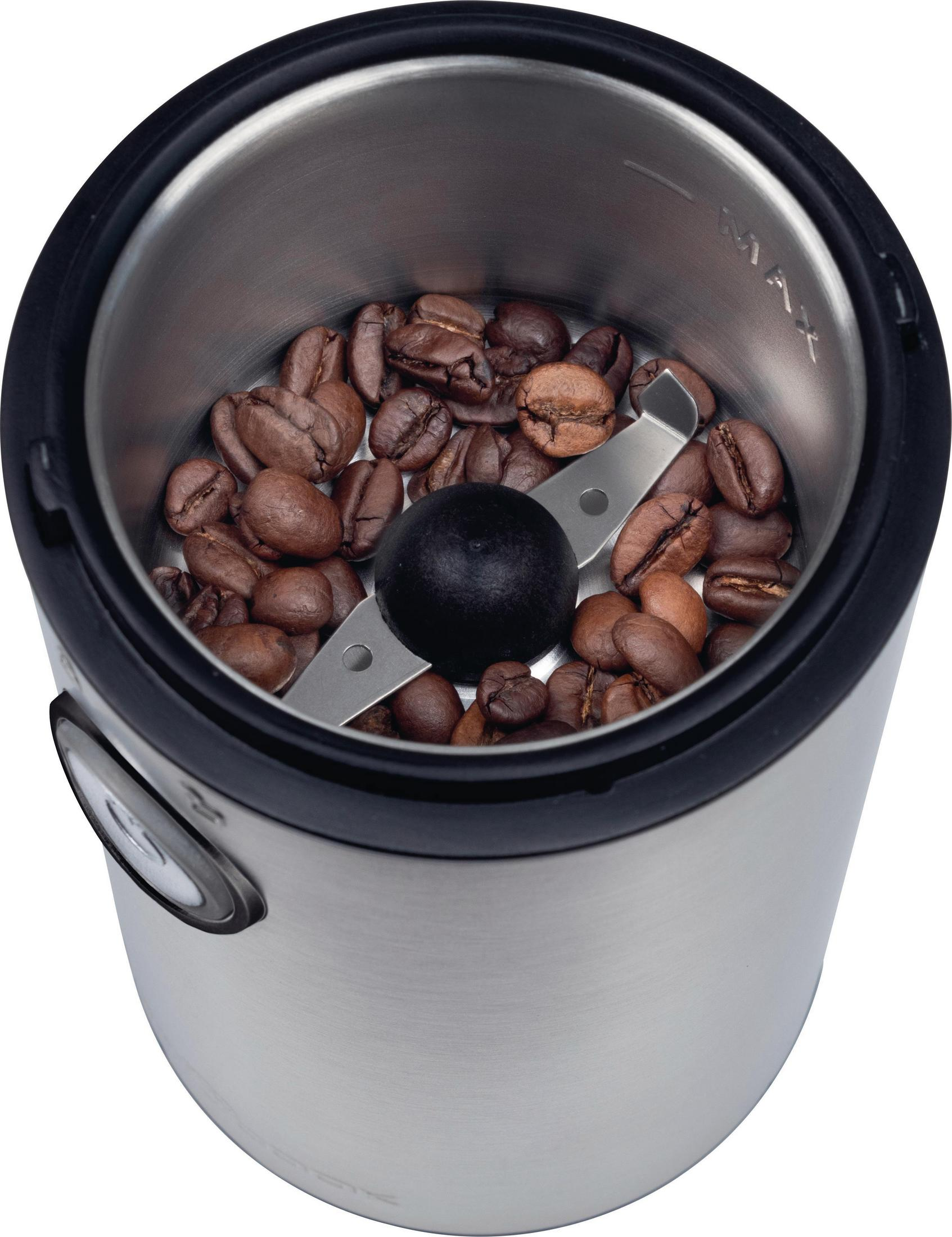 Molinillo de café con granos y cuchillas de acero inoxidable.