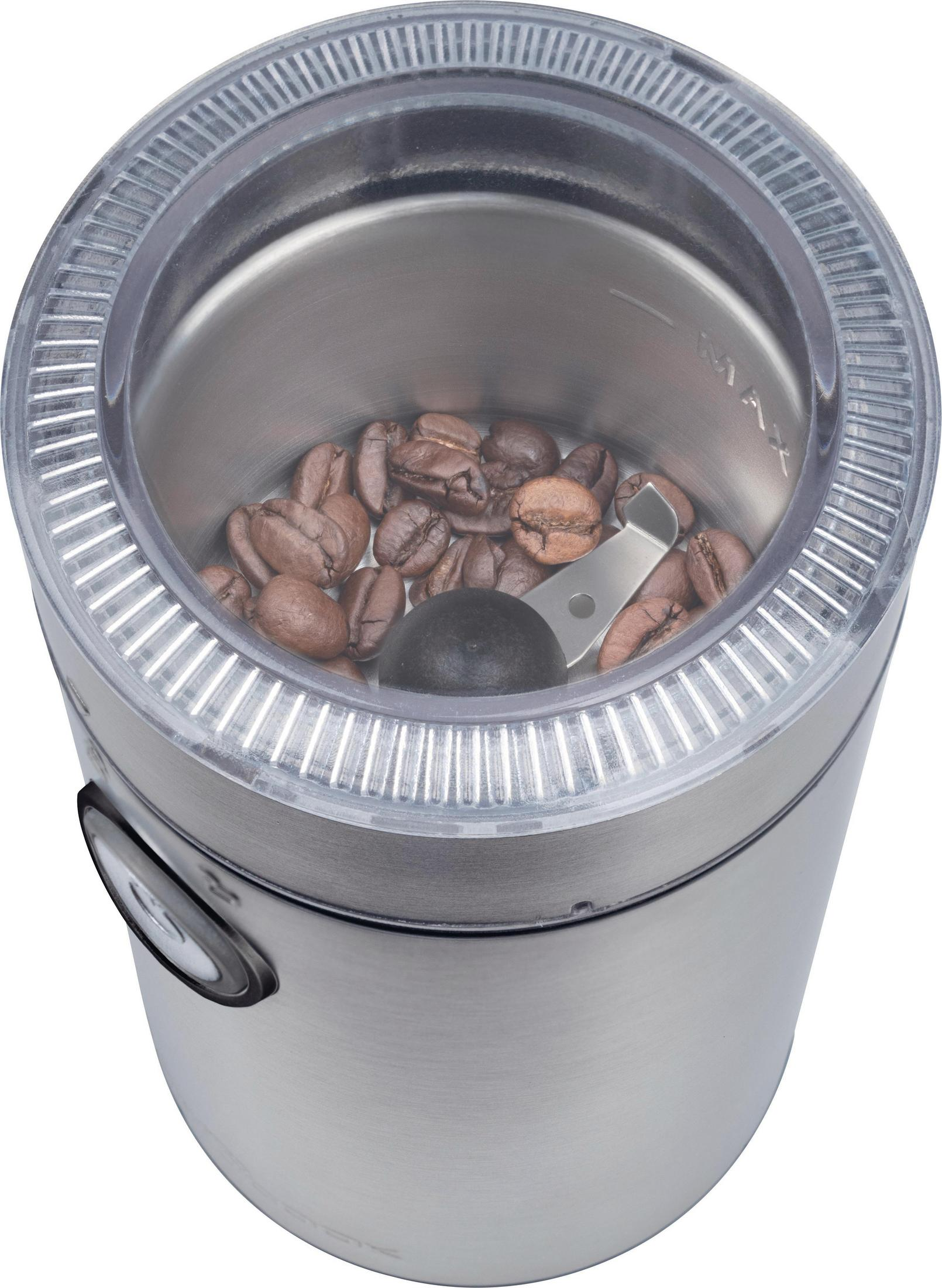 Trituradora de café con cuerpo de acero inoxidable y granos de café dentro.