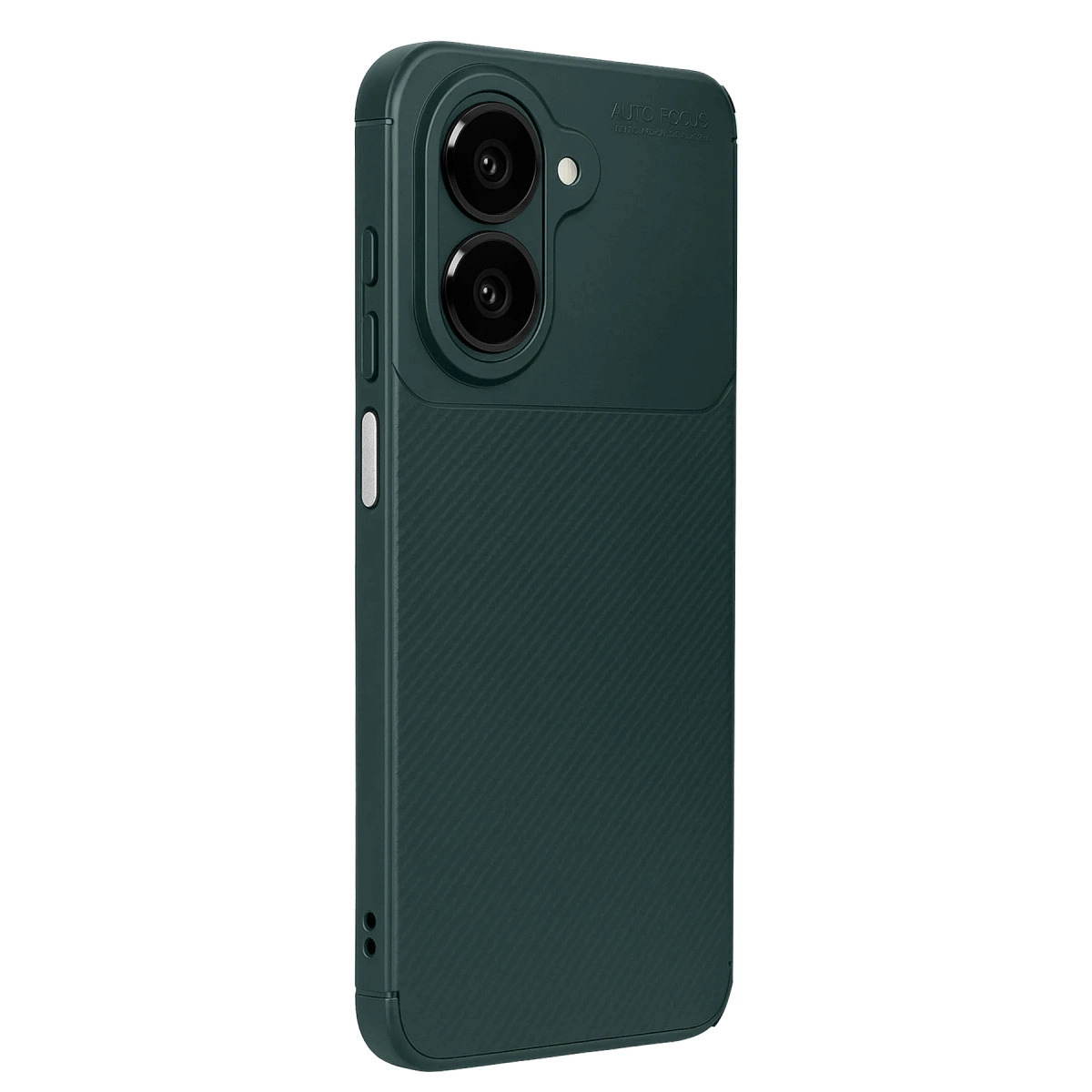 Karbon desenli ve kamera kesimli koyu yeşil telefon kılıfı.