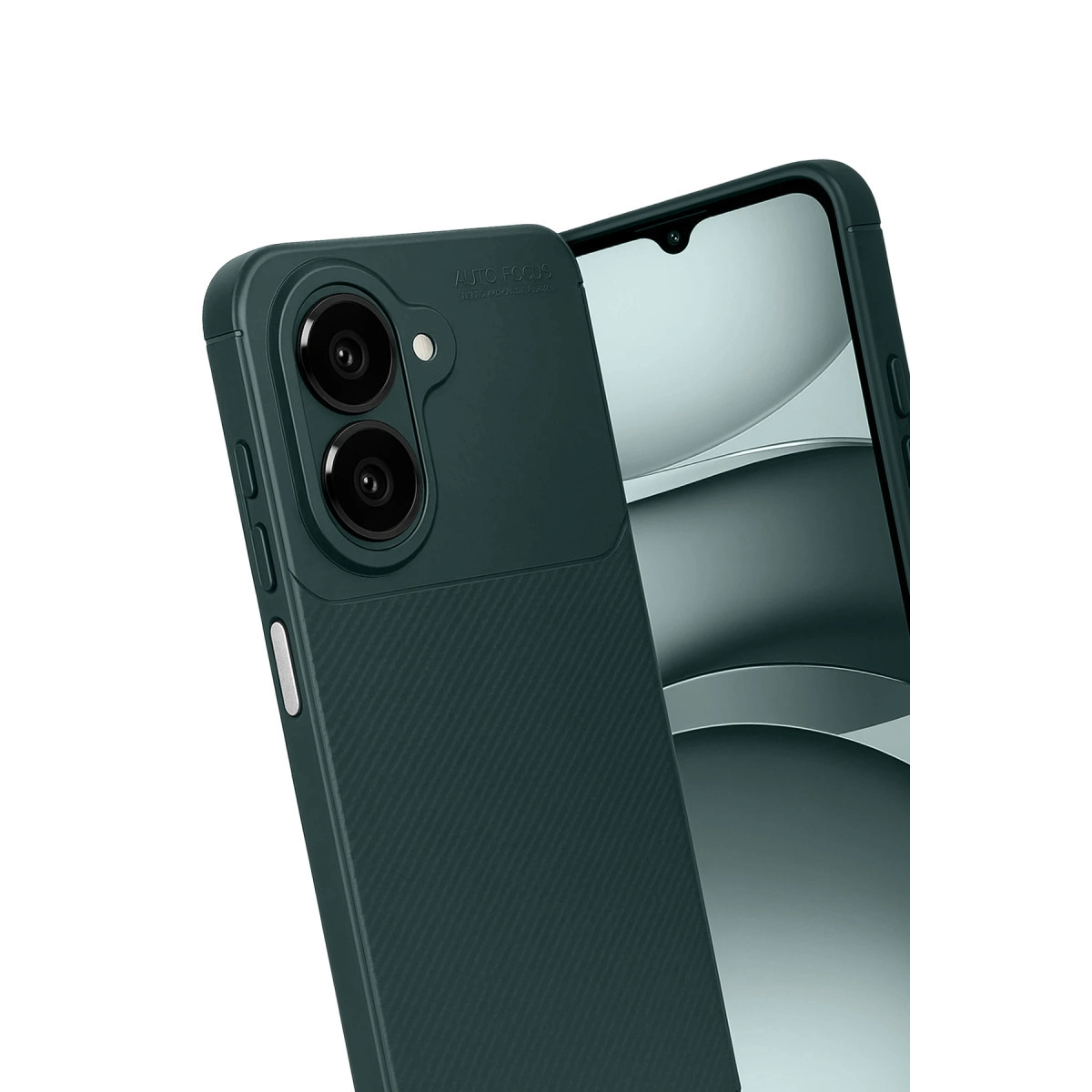İki kamera lensli, dokulu, koyu yeşil telefon kılıfı.