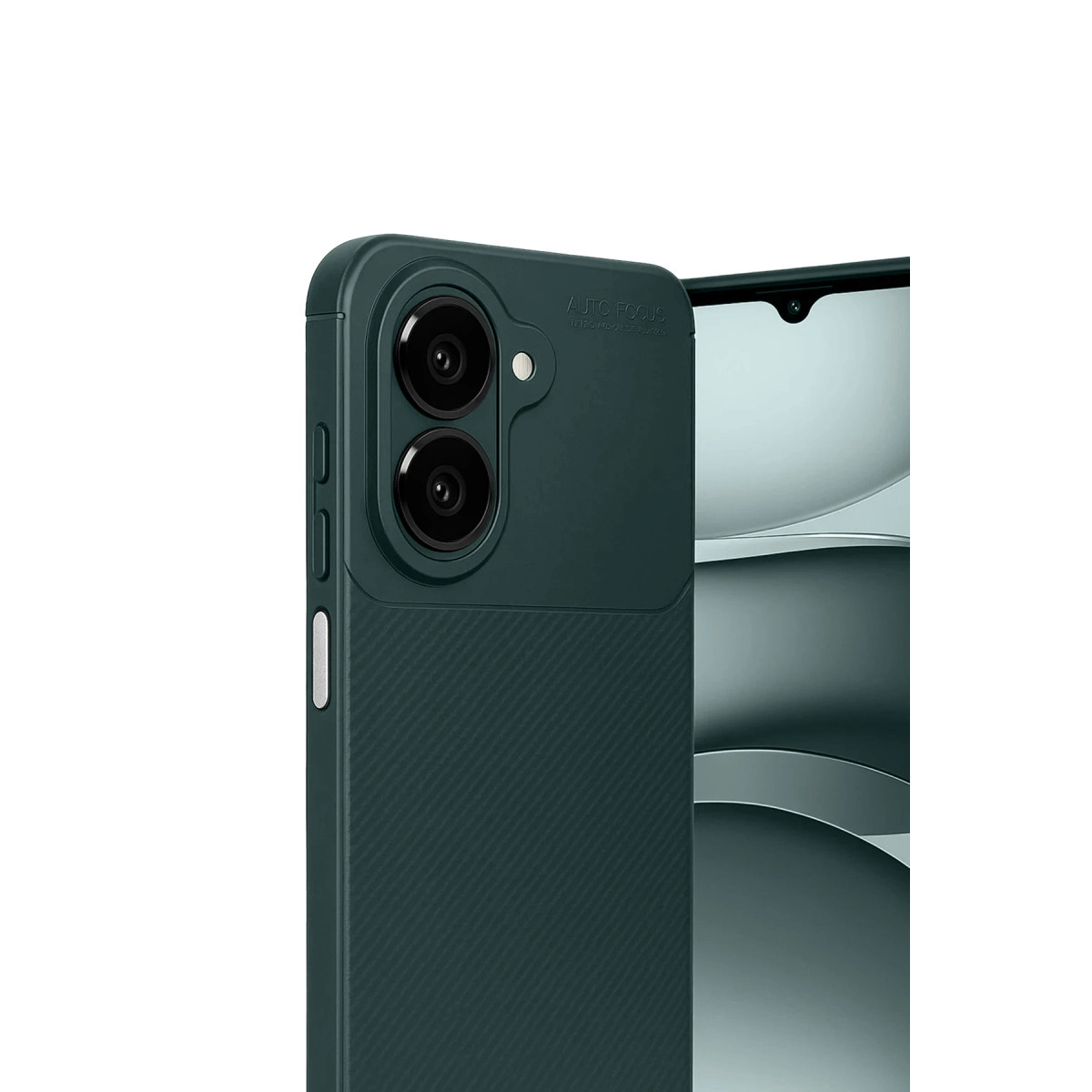 Çift kameralı, dokulu tutuşlu koyu yeşil telefon.