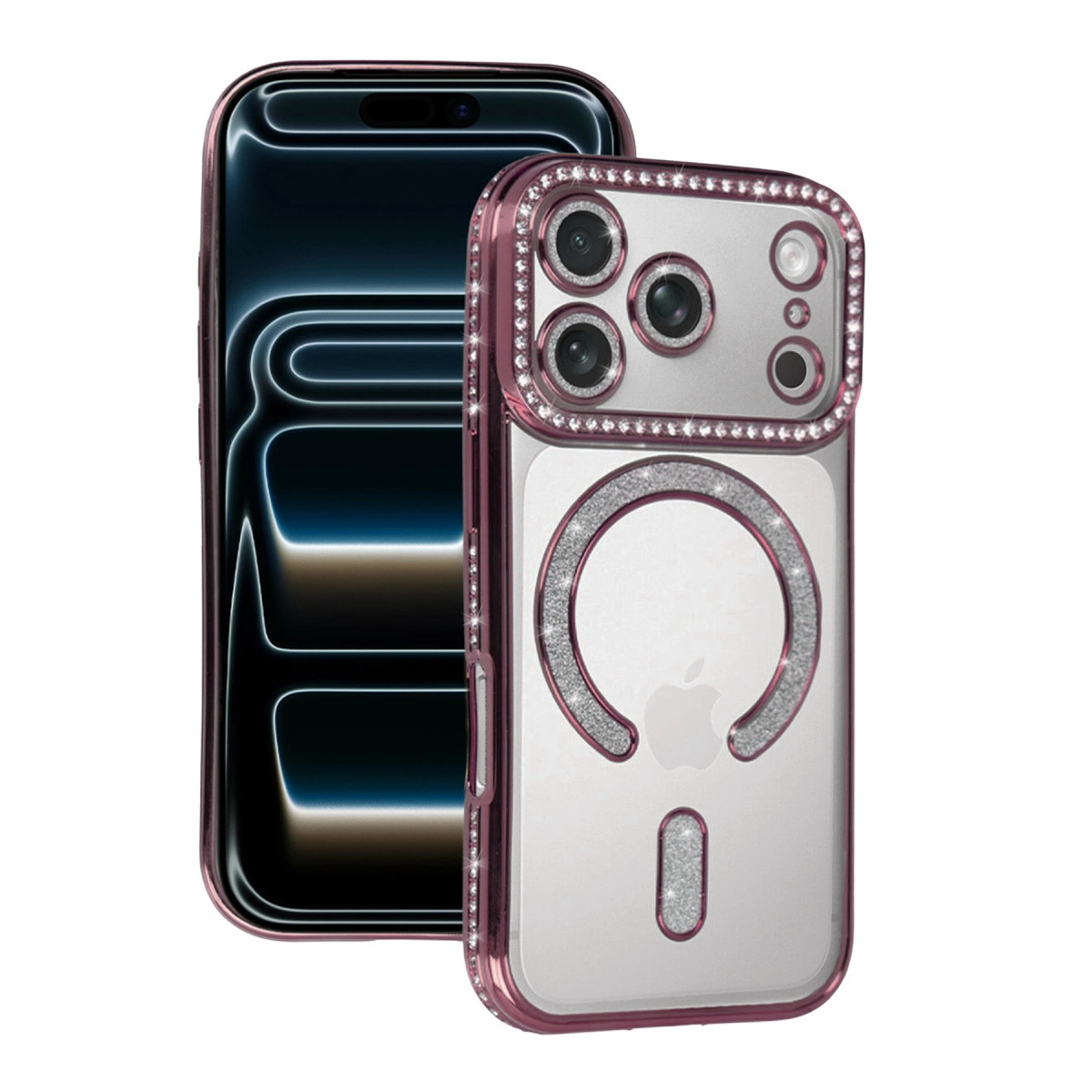 Pembe, ışıltılı bir iPhone kılıfı bir iPhone'un önüne yerleştirilmiştir.