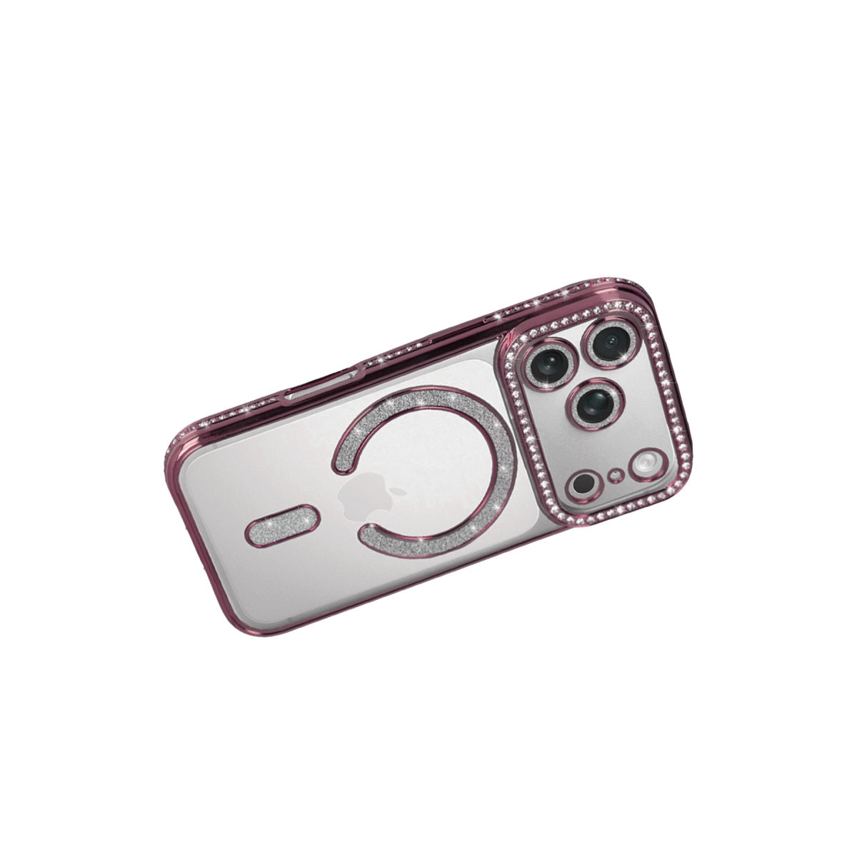 Pembe kenarlı şeffaf telefon kılıfı, simli taşlarla süslenmiş.