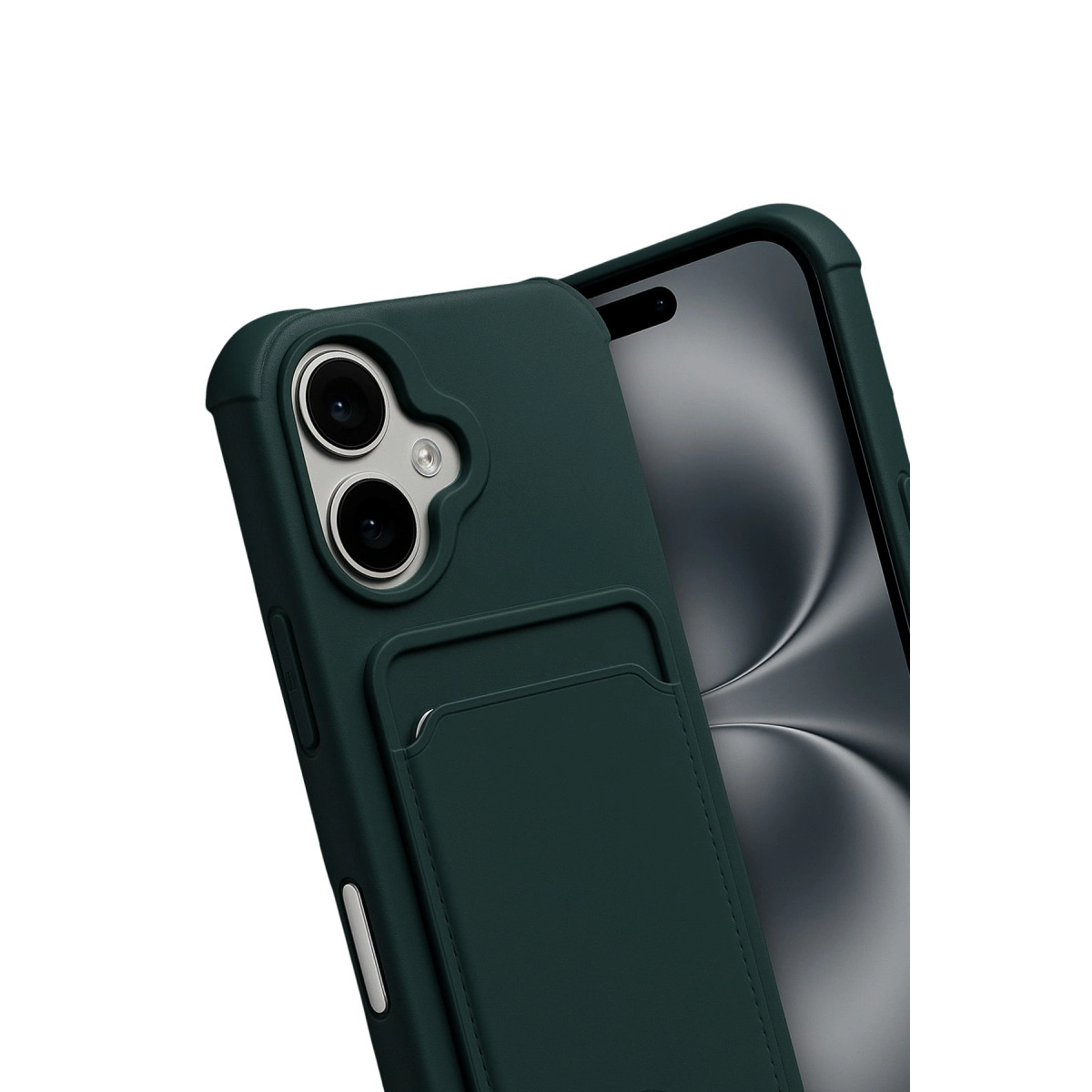 Koyu yeşil telefon kılıfı kart tutuculu, kamera modülü ve ekranı gösteriyor.