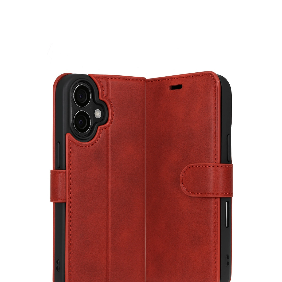 Kamera ve kayışlı kapaklı açık kırmızı telefon kılıfı. Beyaz arka plan.