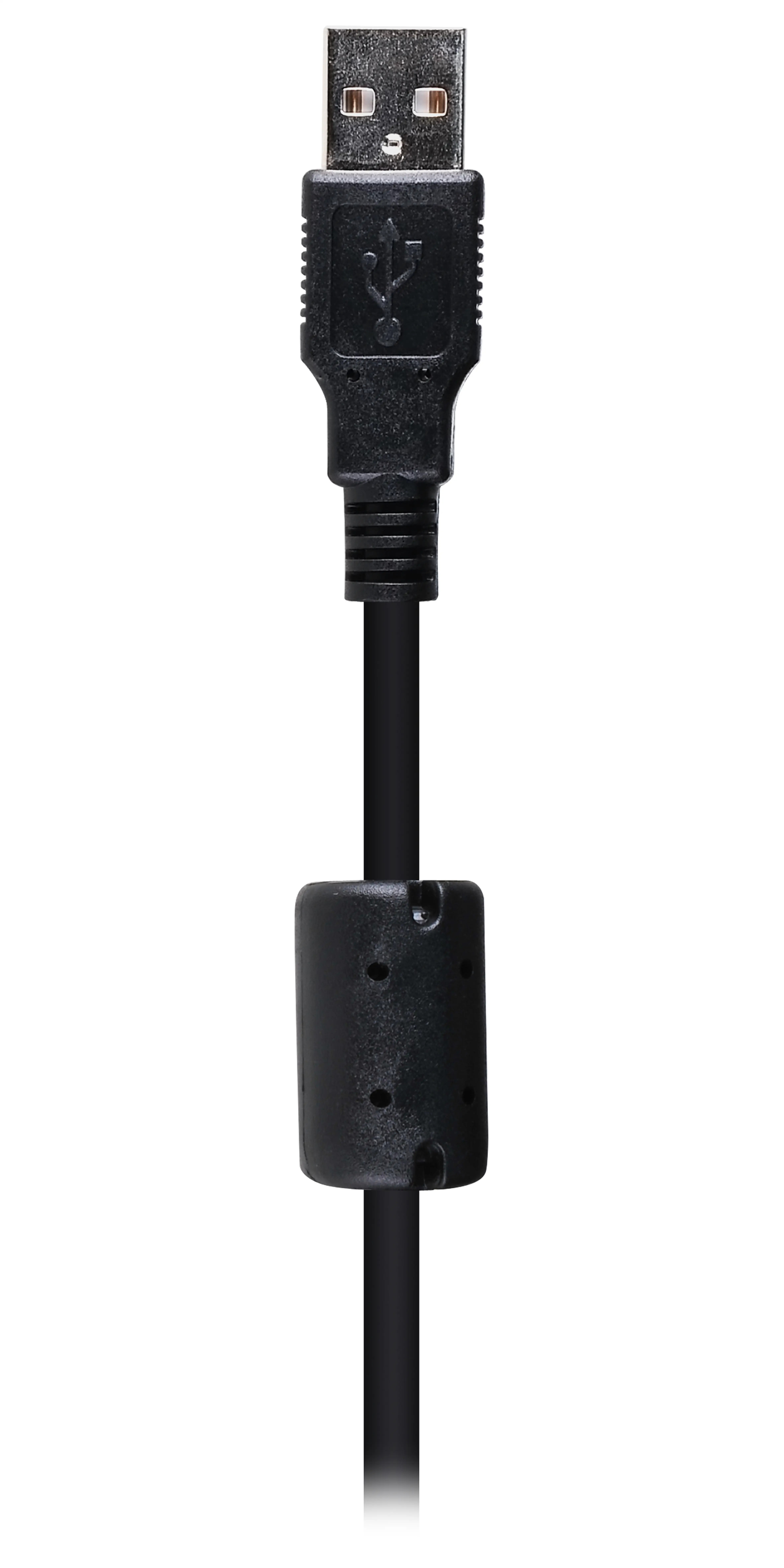 Ferrit çekirdekli ve konnektörlü siyah USB kablosu.