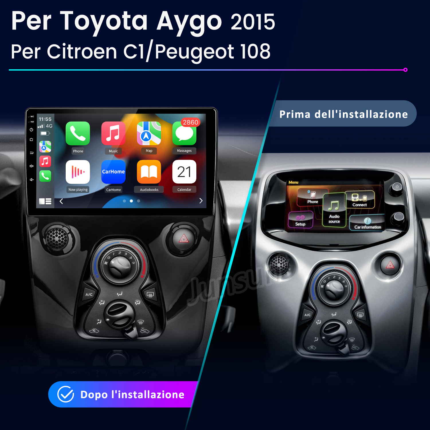 Confronto tra due autoradio: una con molte app, una con poche.