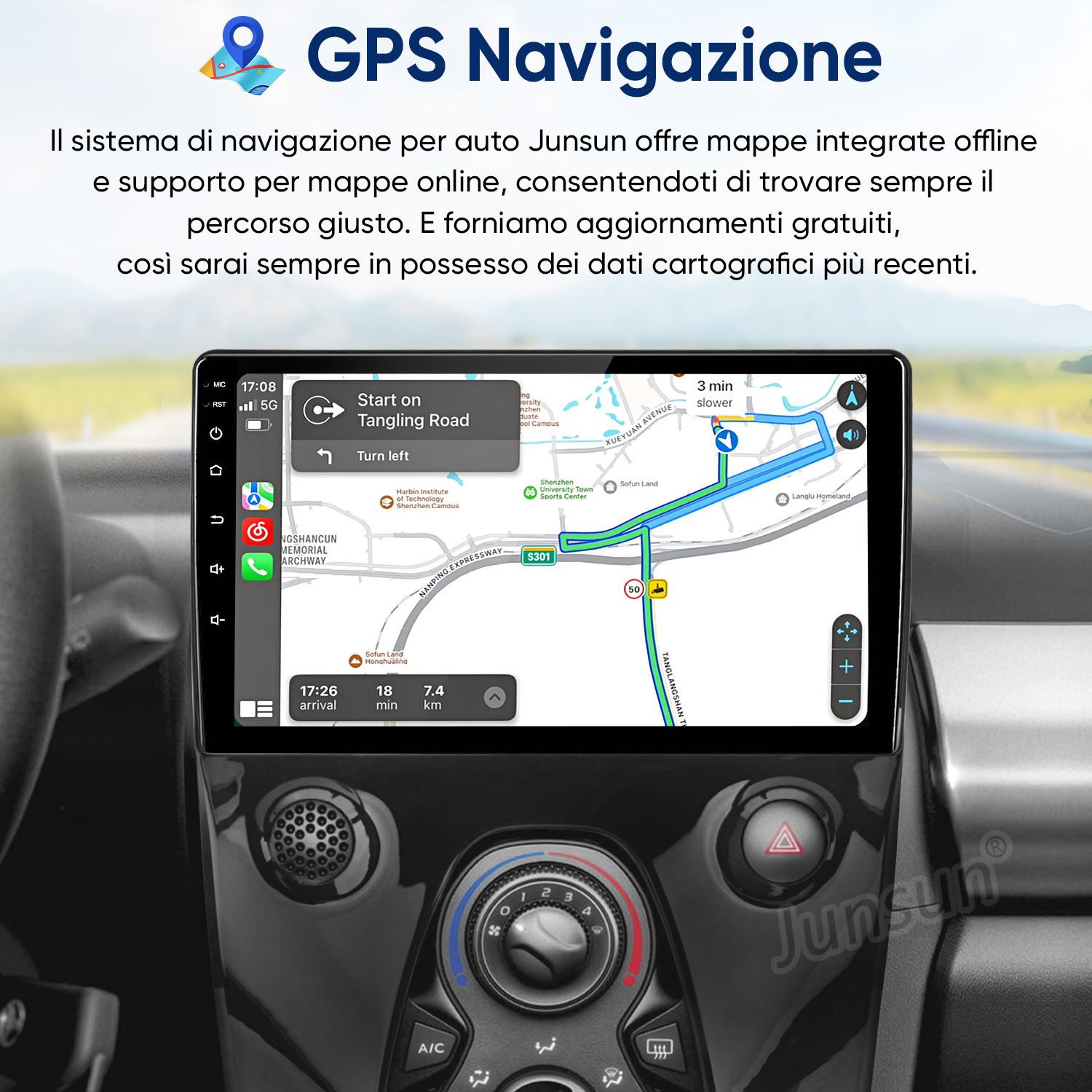 Un sistema di navigazione per auto mostra una mappa con pianificazione del percorso. Indica ora e distanza.