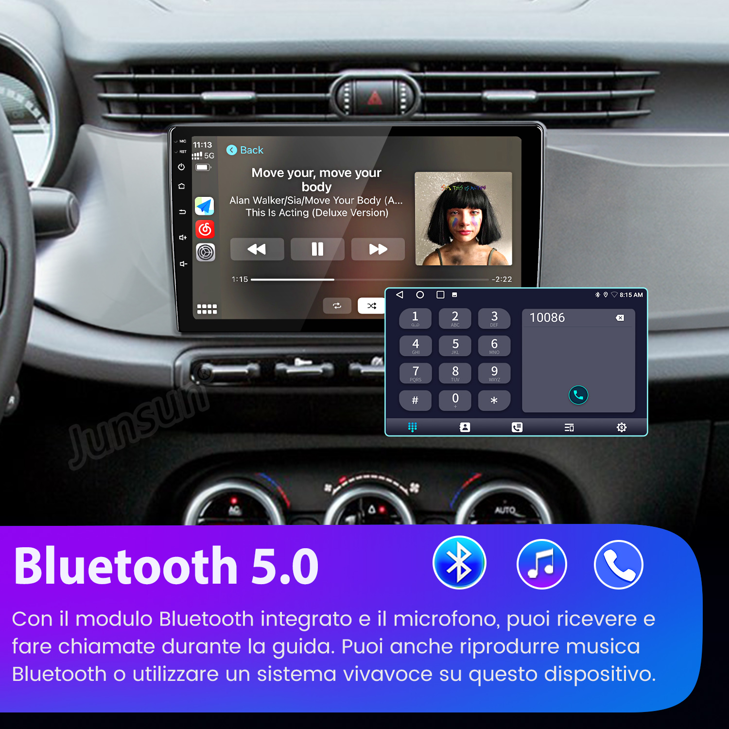 Un sistema di infotainment per auto riproduce musica con un'immagine dell'artista Sia.