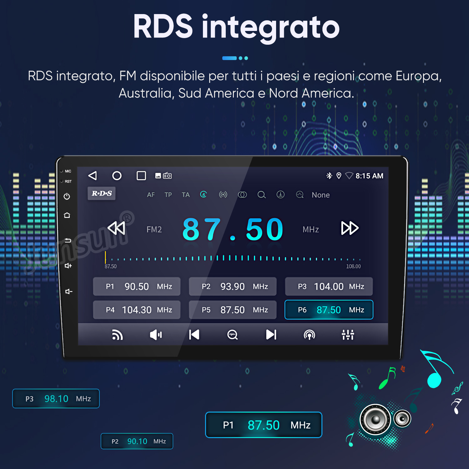 Display autoradio con RDS, frequenza FM 87,50 MHz e stazioni preimpostate.