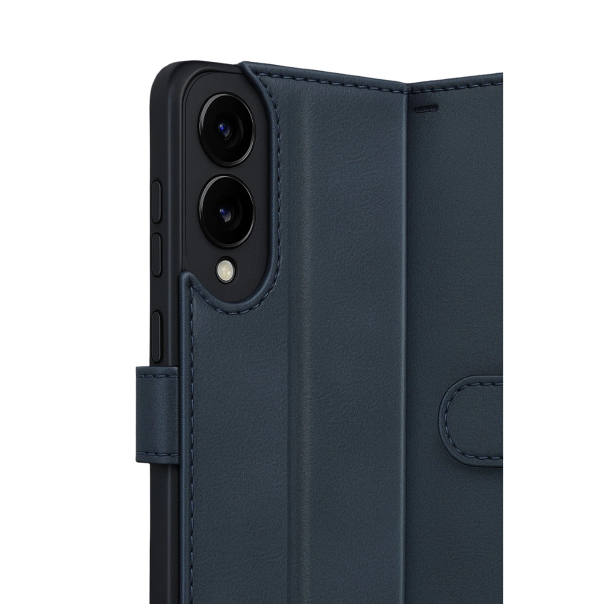 İki kameralı ve flaşlı lacivert deri telefon kılıfı.
