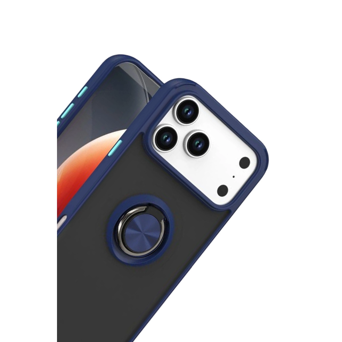 Mavi kenarlı, halka tutuculu ve üçlü kameralı siyah telefon kılıfı.