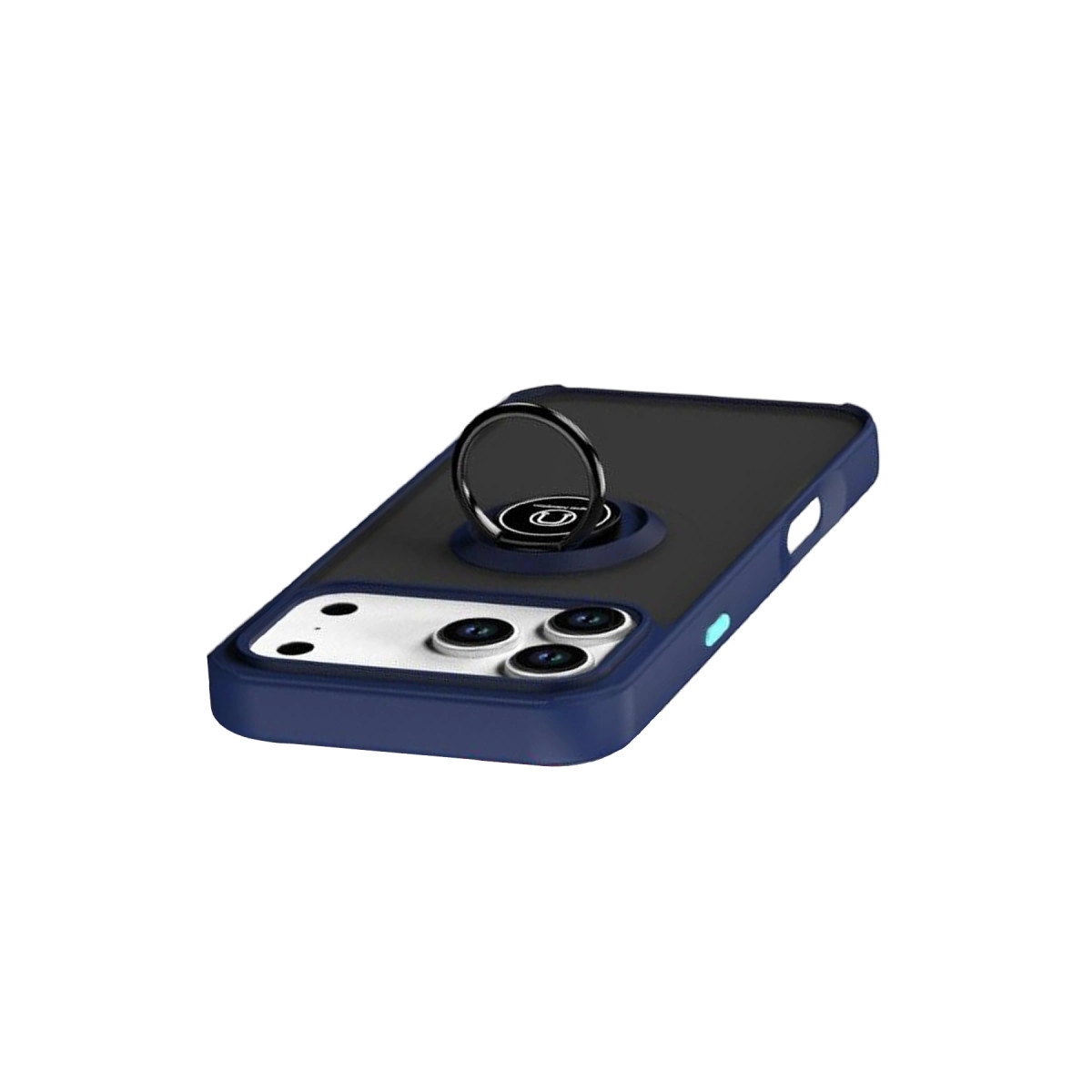 Entegre halka tutuculu ve üç kamera lensli koyu mavi telefon kılıfı.